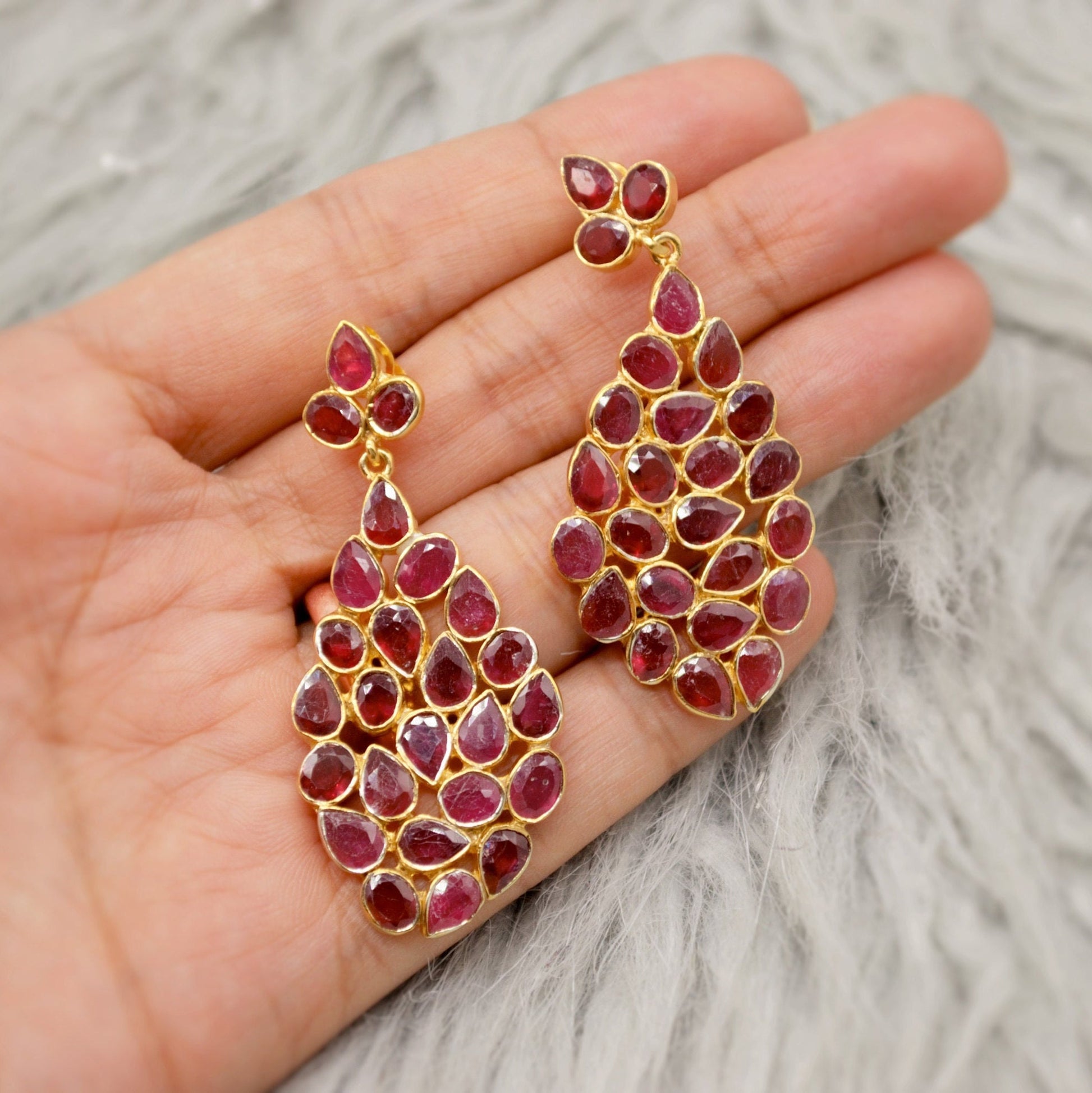 Red Ruby Silver Earrings, Gold Plated Sterling Silver Earrings, Gold Gemstone Earrings, Ruby Dangle Drop Earrings, Bridesmaid, Gifts For Her