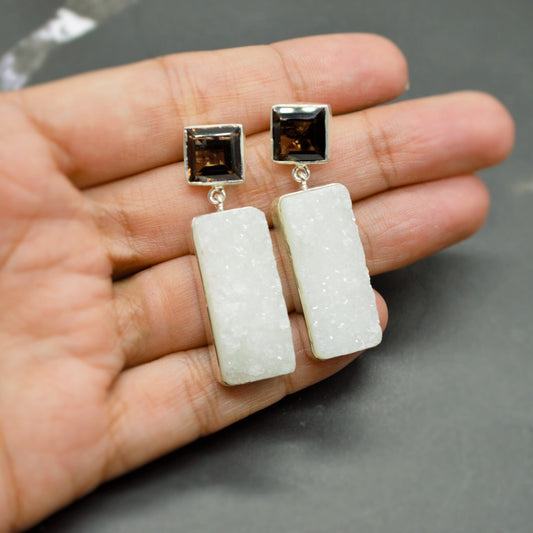 White Druzy Agate, Smoky Quartz Silver Earrings, Unique Handmade Gemstone Drop Earrings
