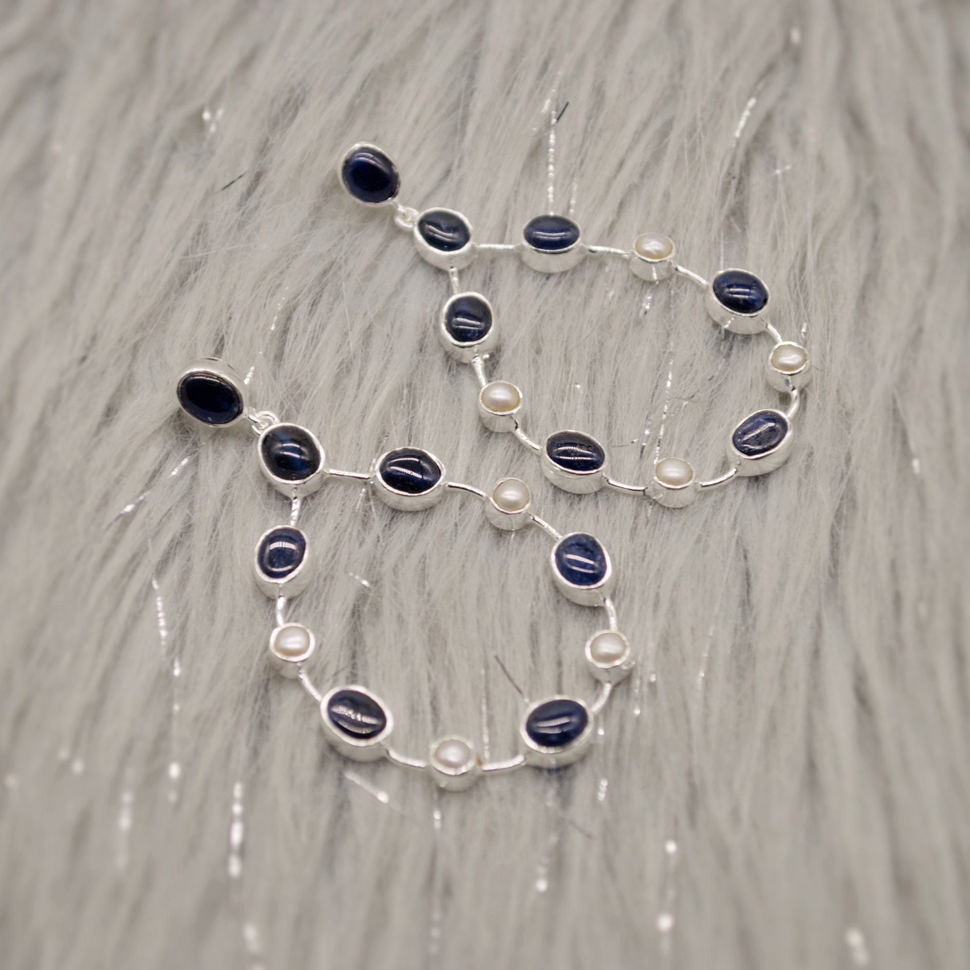 Handmade Blue Sapphire & Pearl Earrings, September, June Birthstone Gem, Elegant Sterling Silver Hoops