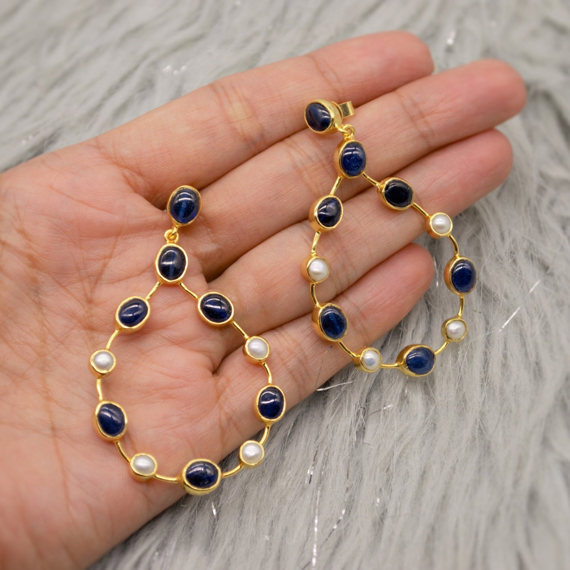 Handmade Blue Sapphire & Pearl Earrings, September, June Birthstone Gem, Elegant Sterling Silver Hoops