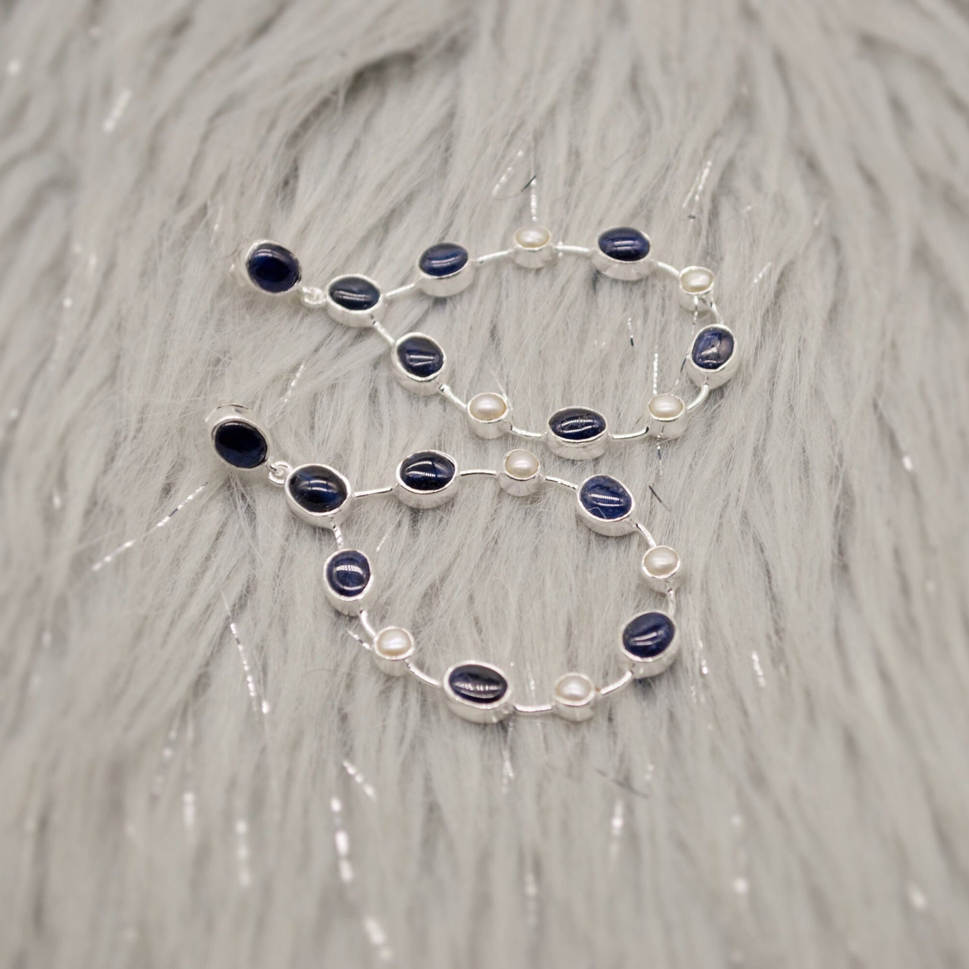 Handmade Blue Sapphire & Pearl Earrings, September, June Birthstone Gem, Elegant Sterling Silver Hoops