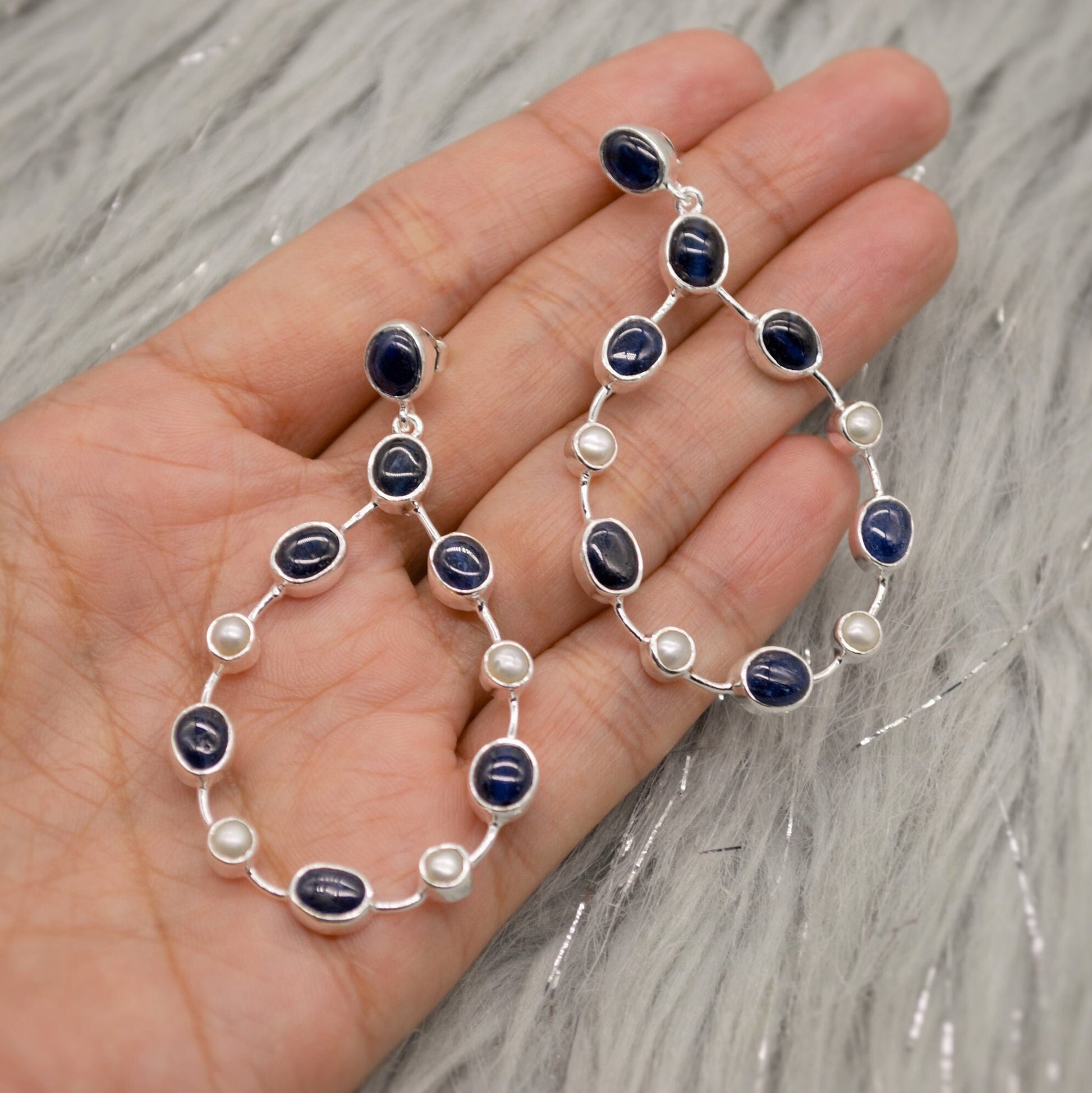Handmade Blue Sapphire & Pearl Earrings, September, June Birthstone Gem, Elegant Sterling Silver Hoops
