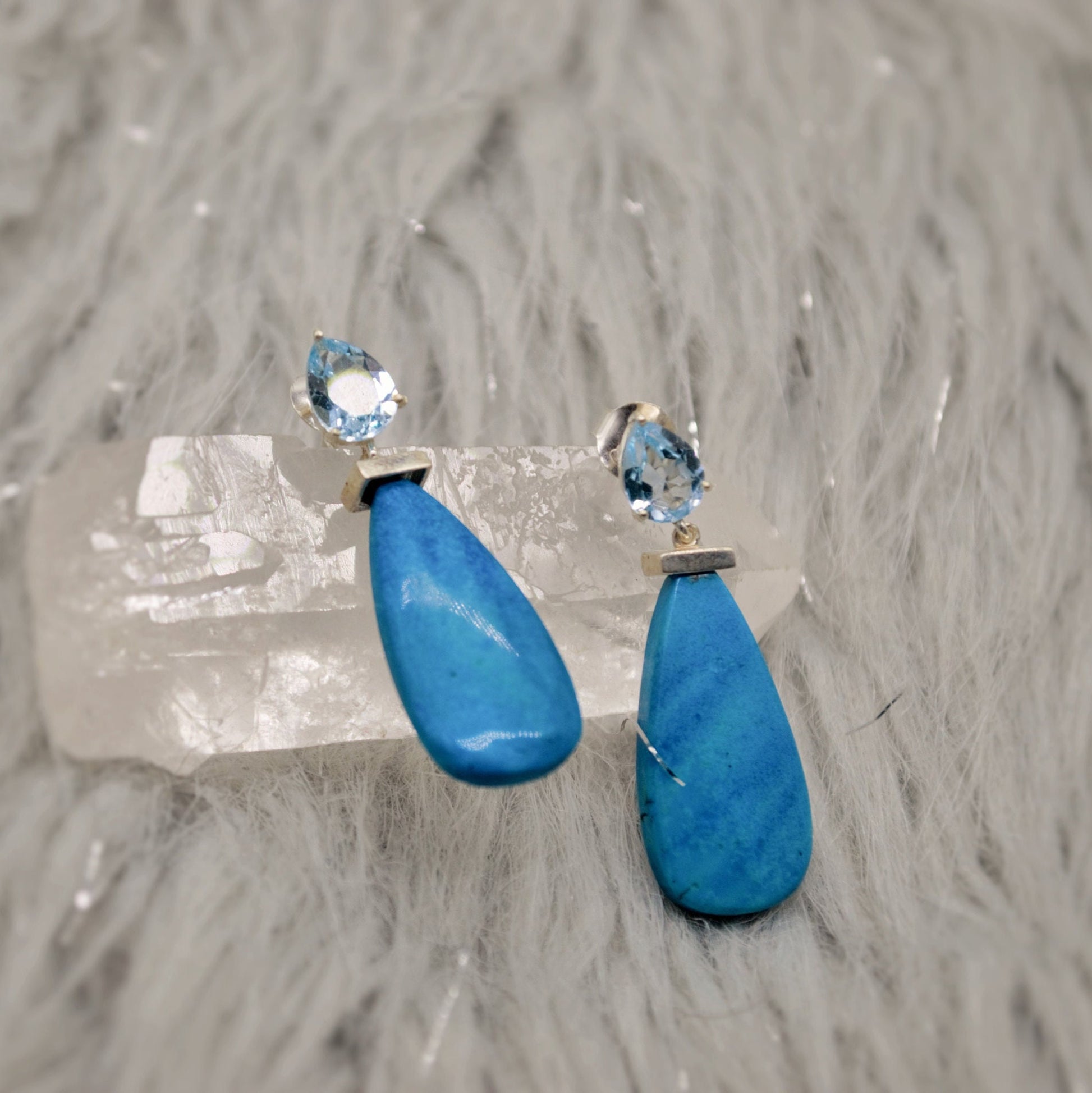 Dainty Blue Topaz & Howlite Earrings, Unique December Birthstone Jewelry, Silver Dangle Drop Earrings, Handmade Gift For Her