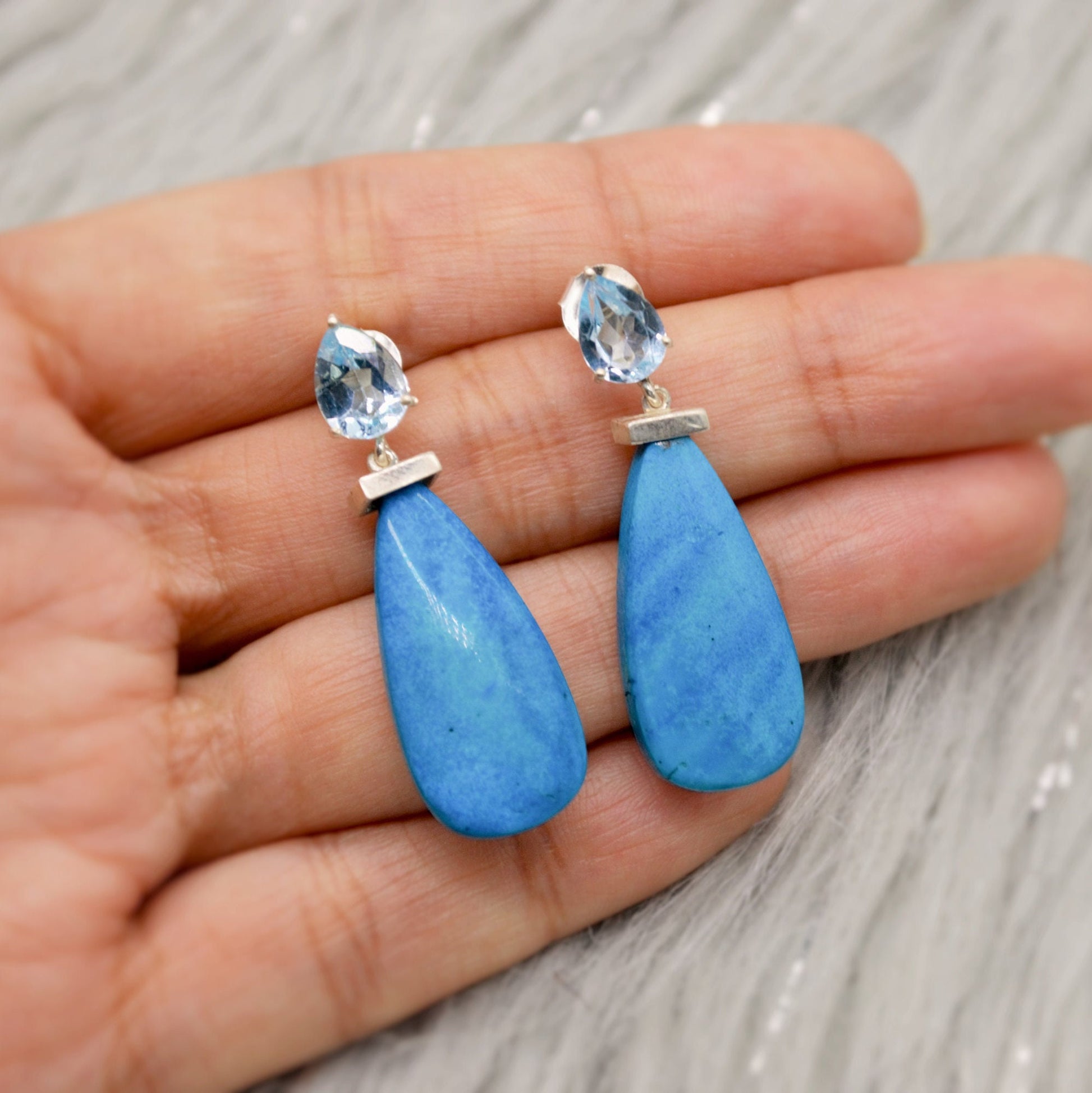 Dainty Blue Topaz & Howlite Earrings, Unique December Birthstone Jewelry, Silver Dangle Drop Earrings, Handmade Gift For Her