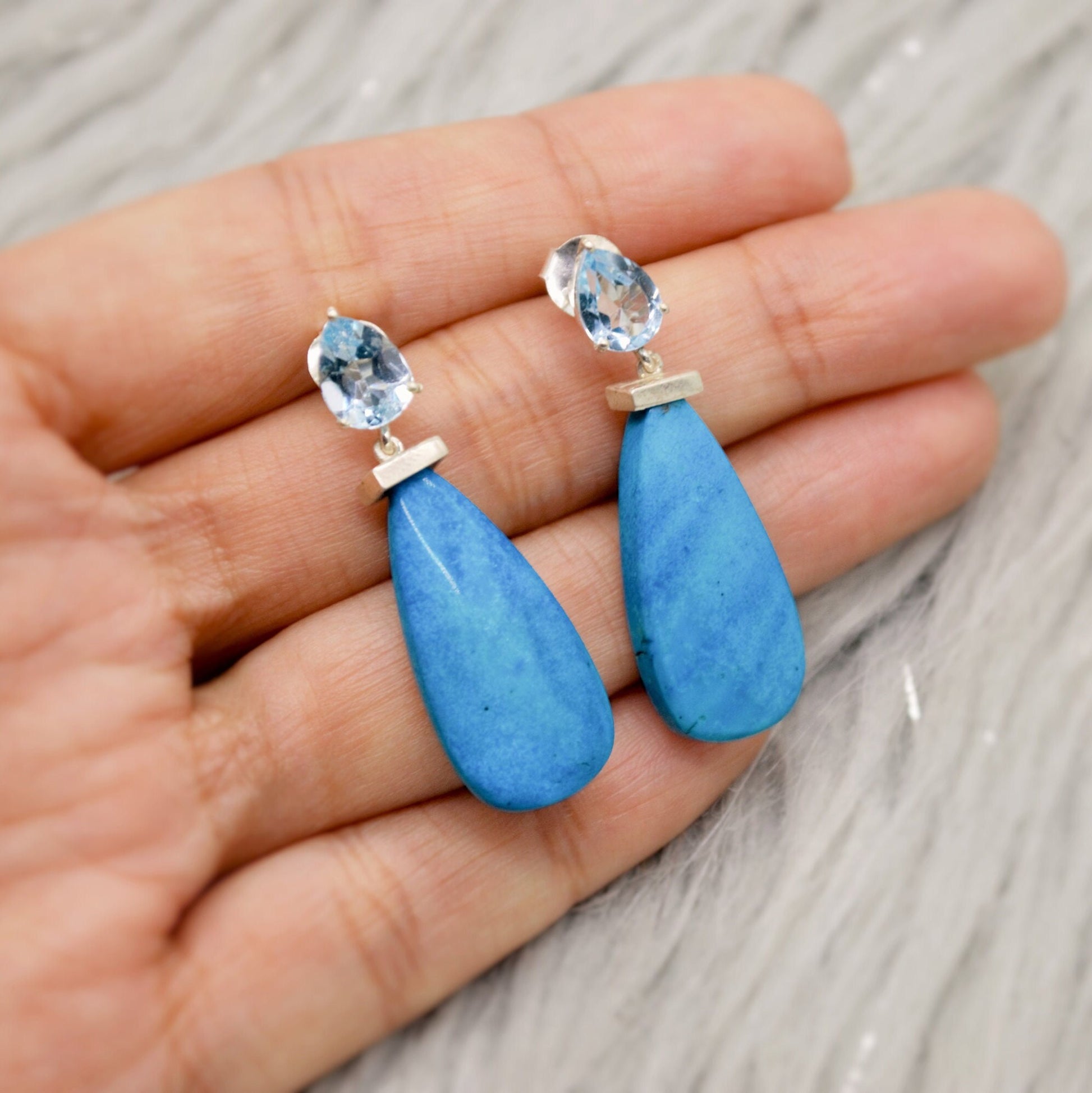 Dainty Blue Topaz & Howlite Earrings, Unique December Birthstone Jewelry, Silver Dangle Drop Earrings, Handmade Gift For Her
