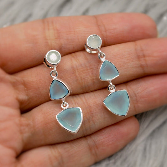Aqua Chalcedony Sterling Silver Earrings, Statement Dangle Drops, Aqua Chalcedony Jewelry, Gemstone Earrings, Gifts For Her