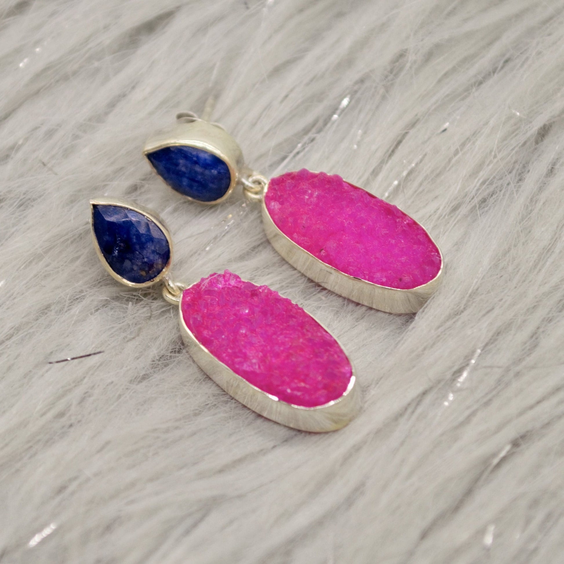 Blue Sapphire, Pink Druzy Agate Silver Earrings, September Birthstone Sapphire Earrings, Elegant Unique Boho Earrings Gift For Her