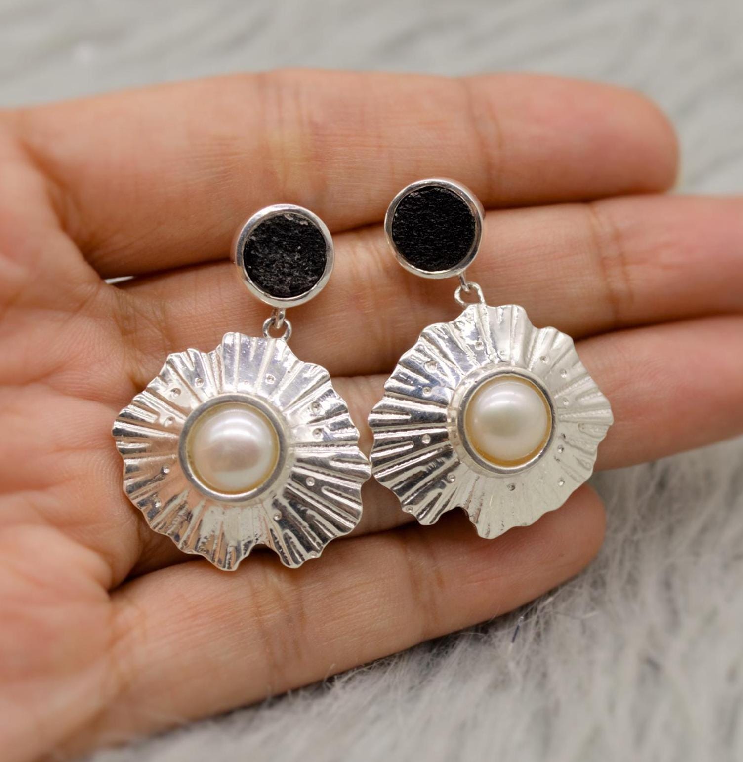 Pearl, Black Onyx Sterling Silver Earrings, June Birthstone, Dainty Statement Unique Gemstone Dangle Drop Earrings, Gifts For Her