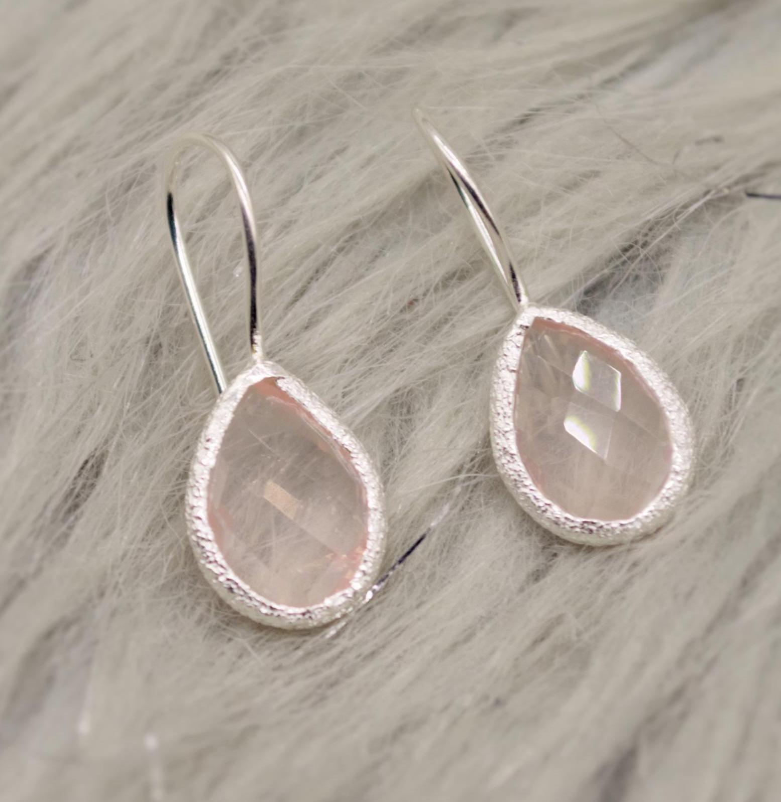Rose Quartz Sterling Silver Drop Earrings, Unique Dangle Drop Earrings, Birthday Gifts For Her, Christmas, Gemstone Earrings, Quartz Jewelry