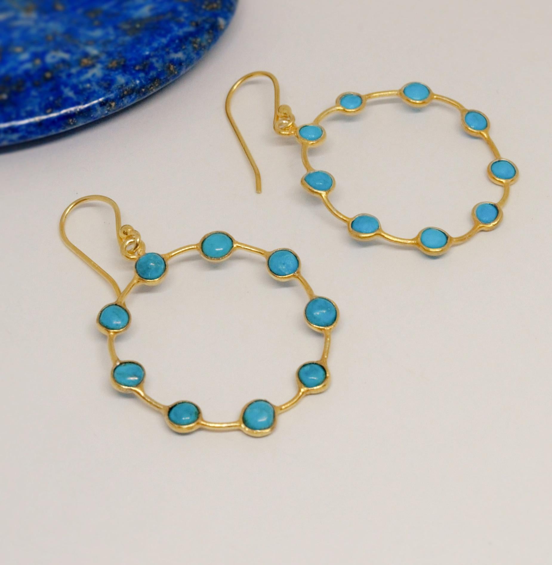 Blue Turquoise Gold Hoop Earrings, Turquoise Jewelry, December Birthstone Jewelry, Unique Gemstone Earring, Gold Plated Silver, Gift For Her