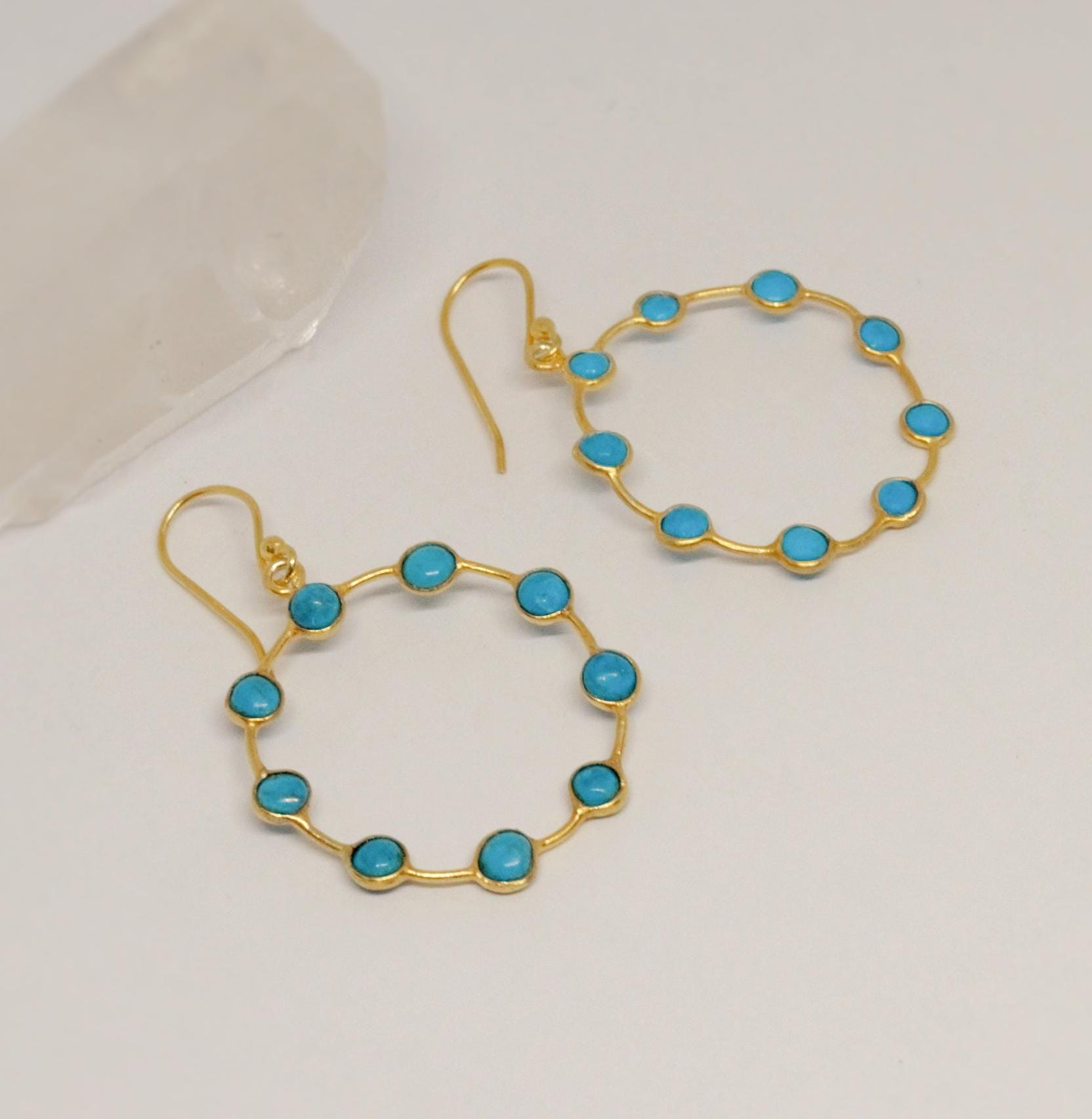 Blue Turquoise Gold Hoop Earrings, Turquoise Jewelry, December Birthstone Jewelry, Unique Gemstone Earring, Gold Plated Silver, Gift For Her