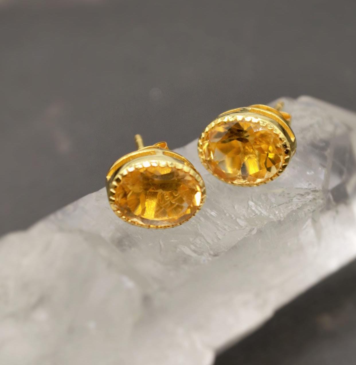 Citrine Silver Stud Earrings, Minimalist Sterling Silver Gemstone Earrings, Dainty November Birthstone Earrings, Birthday Gifts For Her