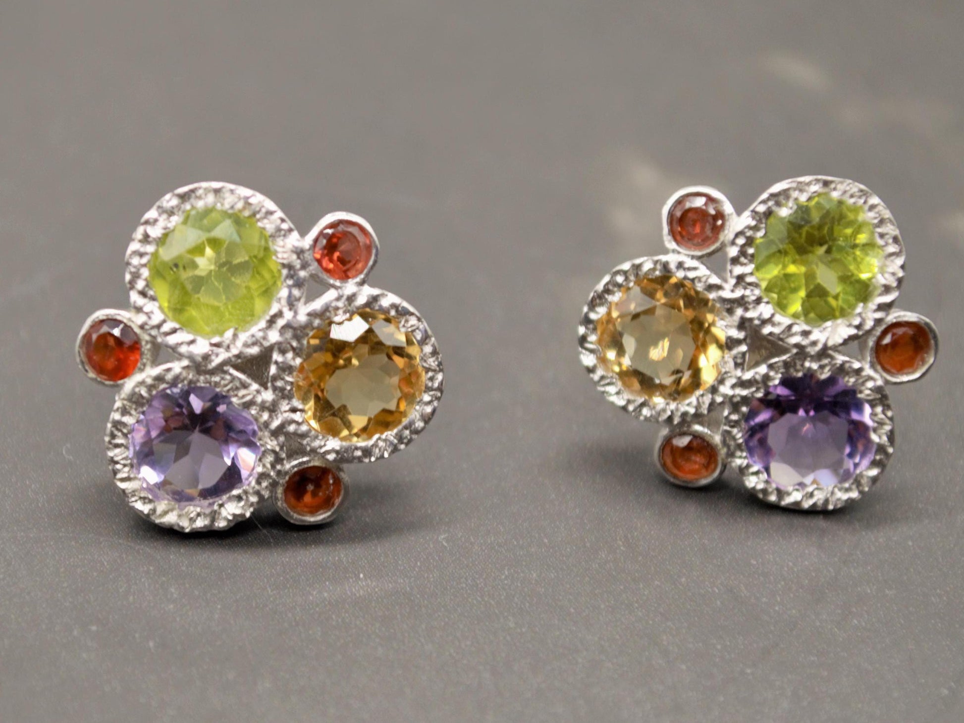 Citrine, Peridot, Amethyst, Garnet Silver Stud Earrings