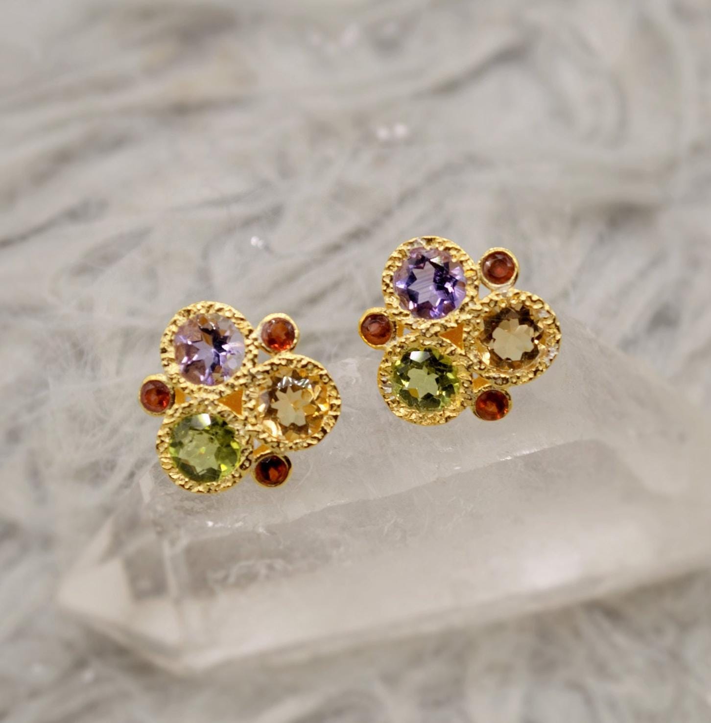 Citrine, Peridot, Amethyst, Garnet Silver Stud Earrings