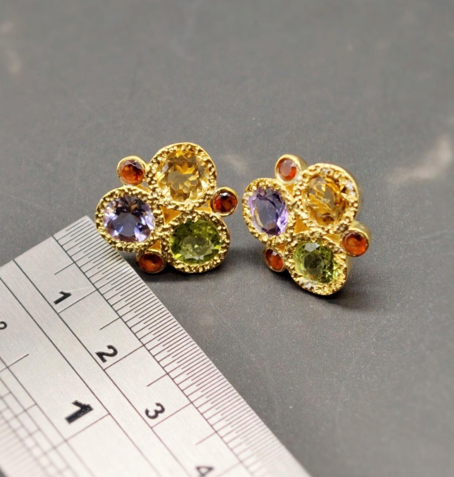 Citrine, Peridot, Amethyst, Garnet Silver Stud Earrings