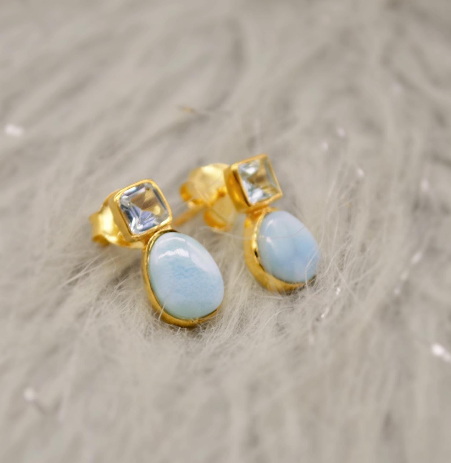 Larimar Blue Topaz Gold Stud Earrings, Larimar Stone, Larimar Gemstone, Blue Topaz Studs, Larimar Earrings, December Birthstone