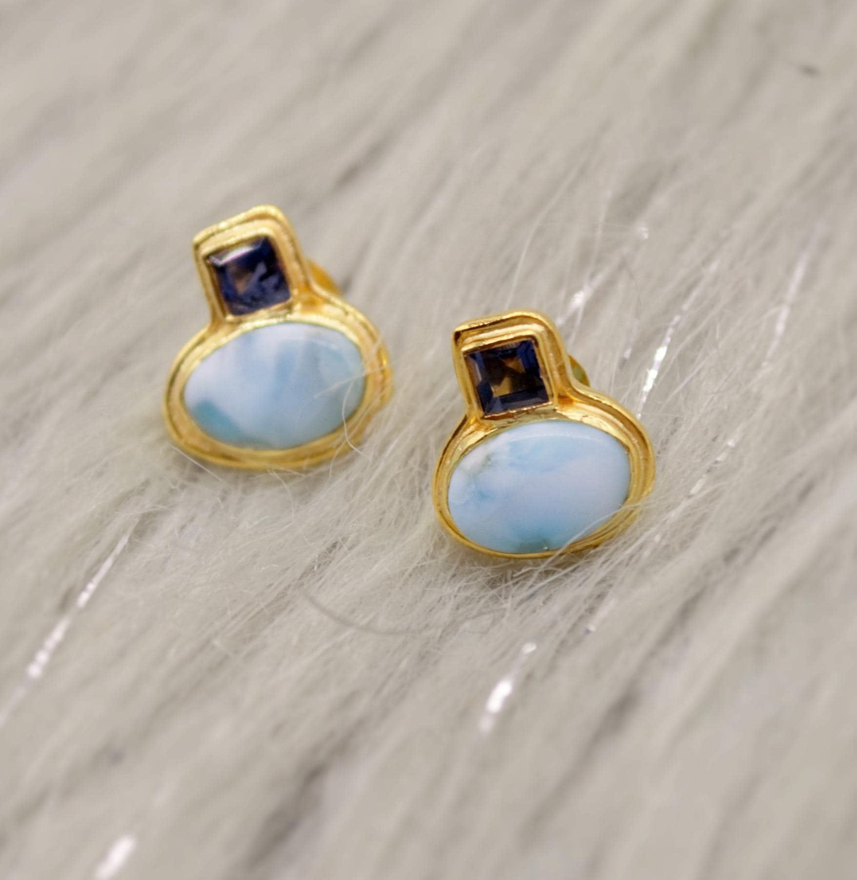 Larimar Earrings, Iolite and Larimar Gemstone, Gold Plated Sterling silver, Dainty Studs Earrings, Handmade Birthday Gift For Her