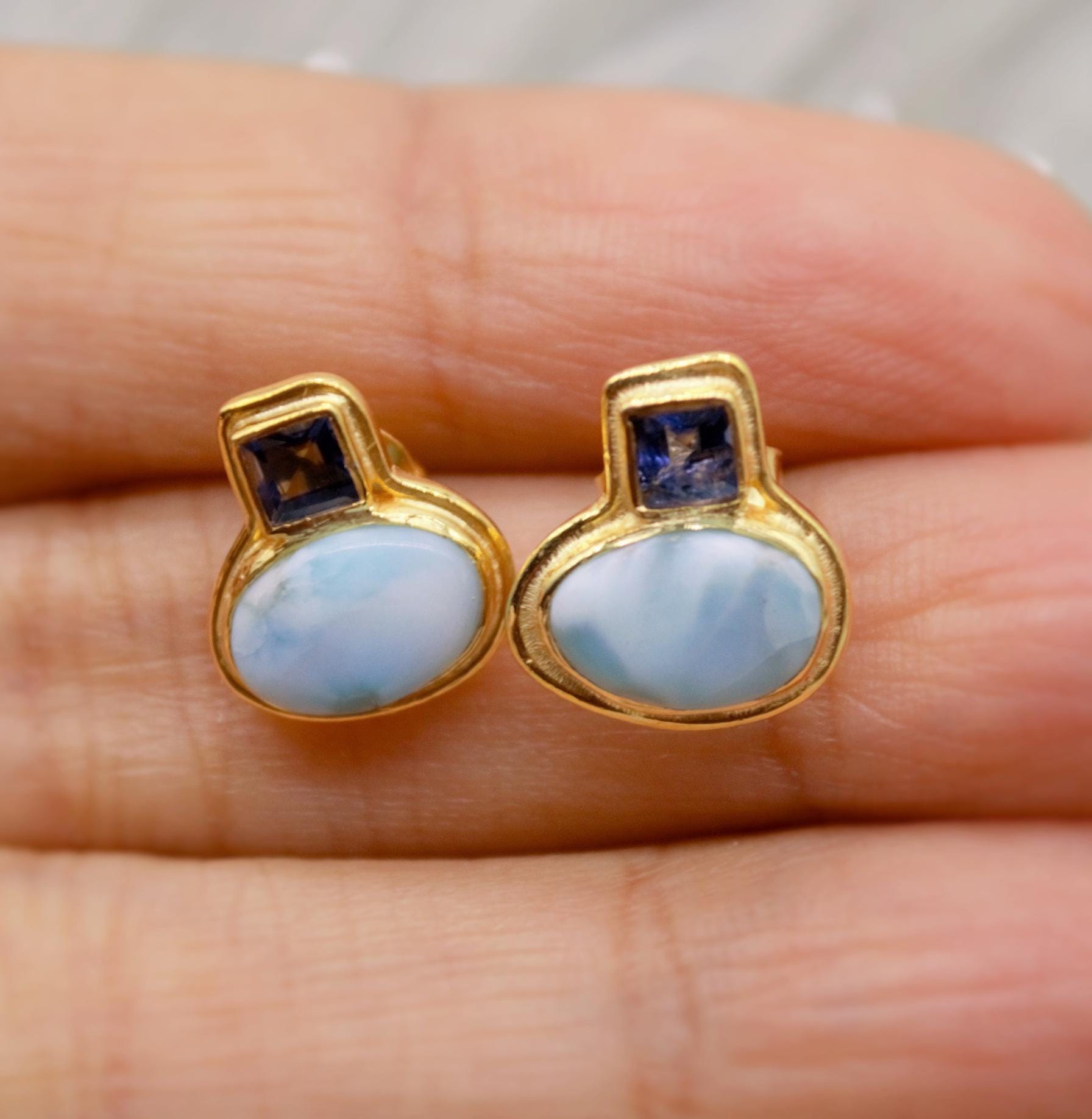 Larimar Earrings, Iolite and Larimar Gemstone, Gold Plated Sterling silver, Dainty Studs Earrings, Handmade Birthday Gift For Her