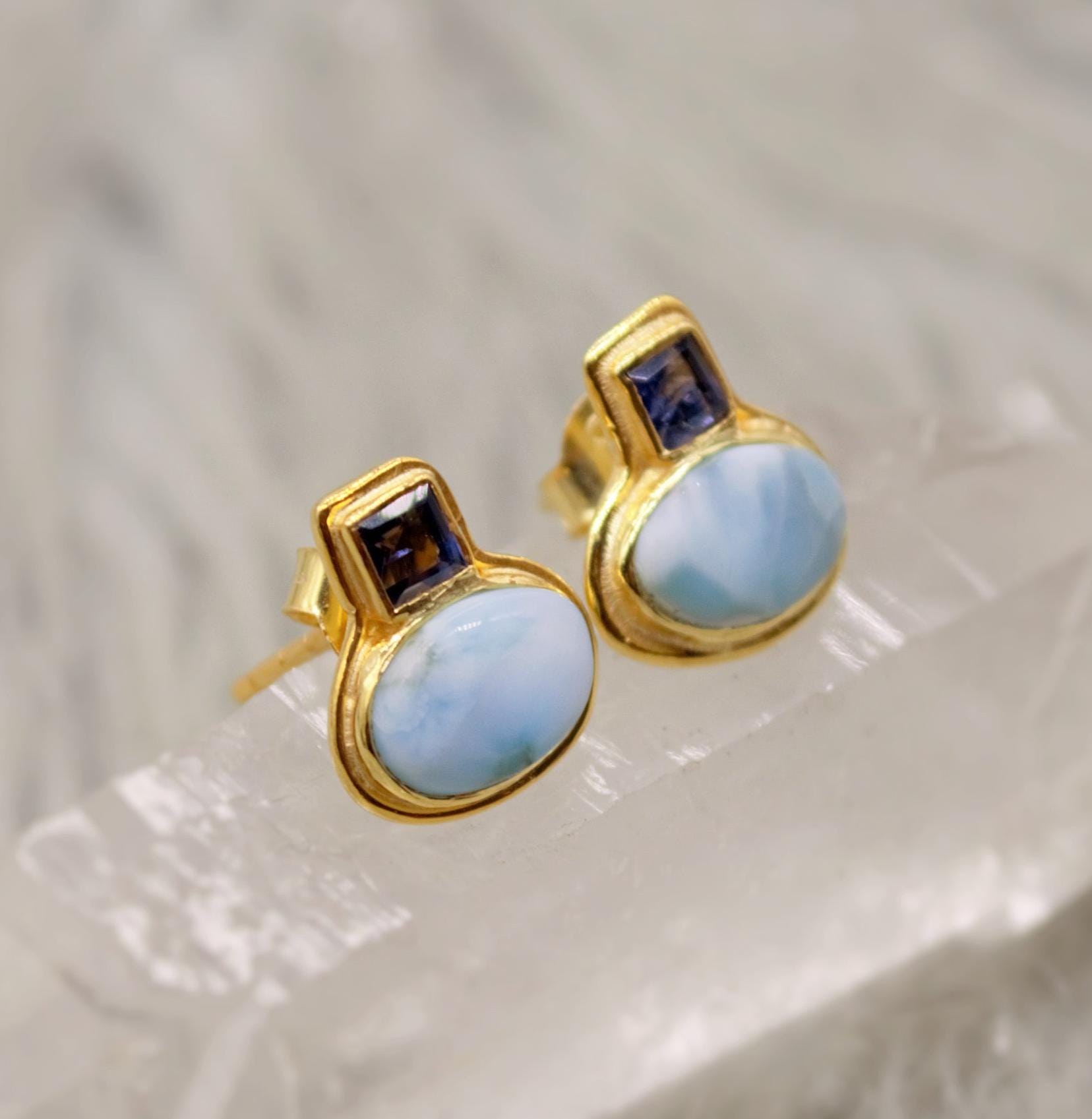 Larimar Earrings, Iolite and Larimar Gemstone, Gold Plated Sterling silver, Dainty Studs Earrings, Handmade Birthday Gift For Her