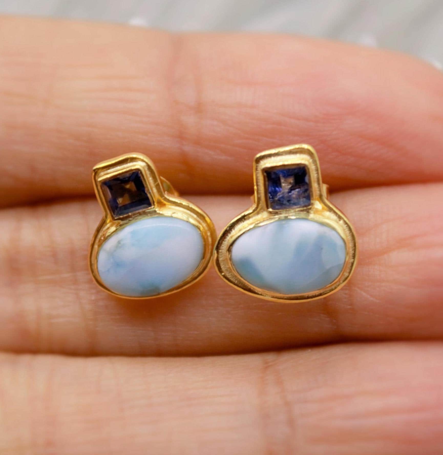 Larimar Earrings, Iolite and Larimar Gemstone, Gold Plated Sterling silver, Dainty Studs Earrings, Handmade Birthday Gift For Her