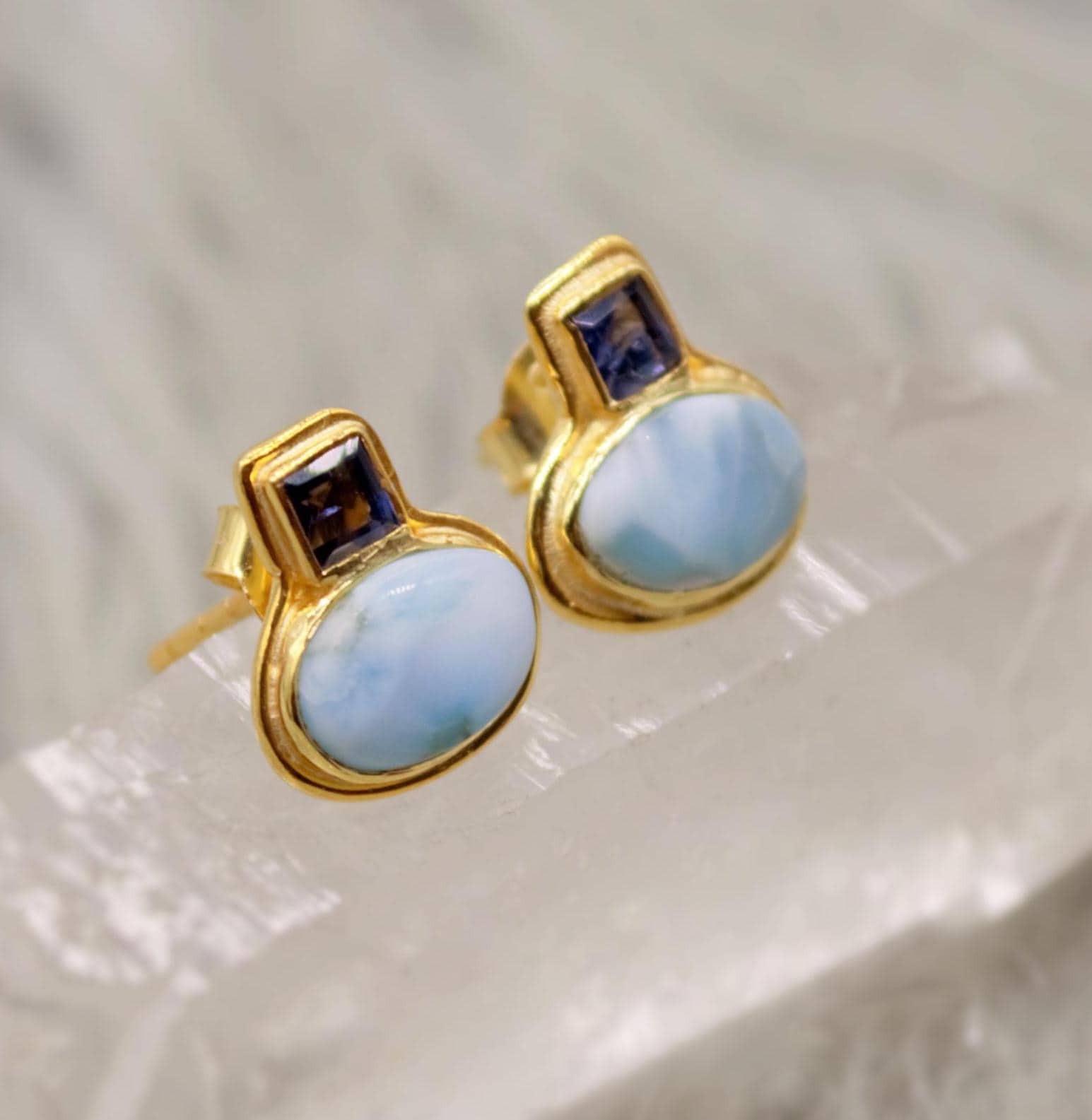 Larimar Earrings, Iolite and Larimar Gemstone, Gold Plated Sterling silver, Dainty Studs Earrings, Handmade Birthday Gift For Her