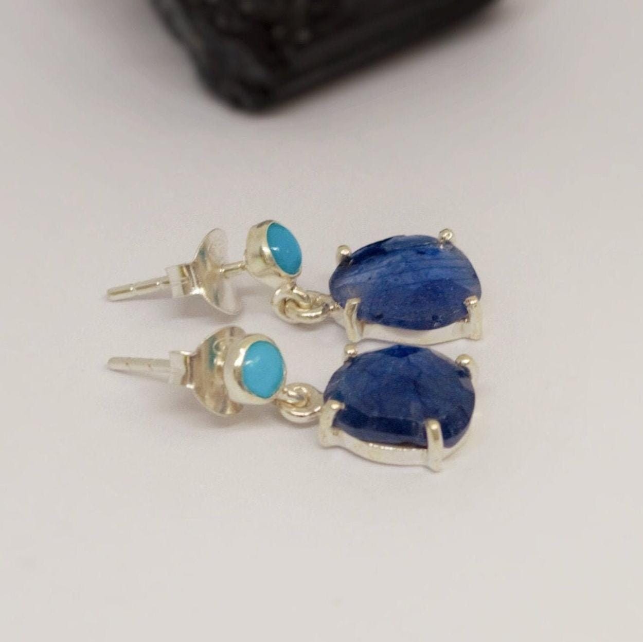 Blue Sapphire, Turquoise Earrings, Sterling Silver Teardrop Earrings, September, December Birthstone, Birthday Gift For Her, Cute Gemstone