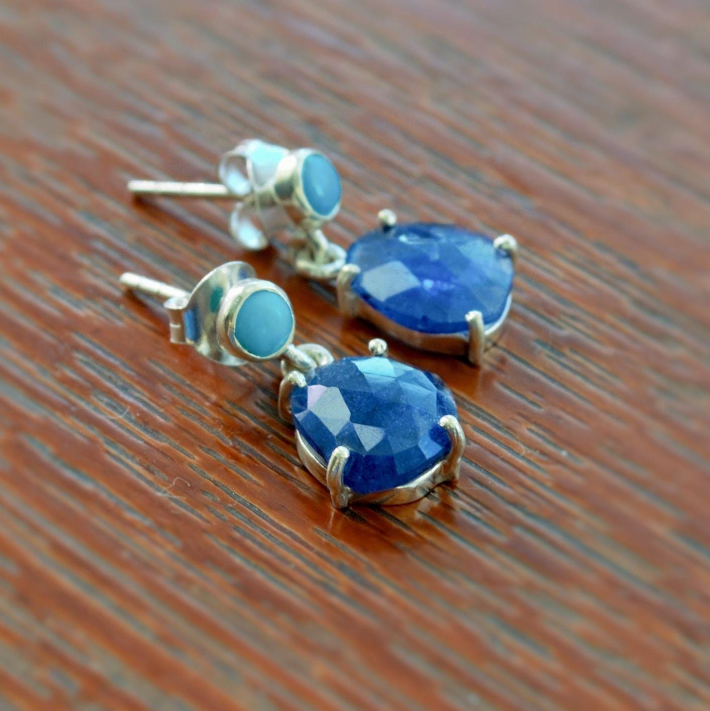 Blue Sapphire, Turquoise Earrings, Sterling Silver Teardrop Earrings, September, December Birthstone, Birthday Gift For Her, Cute Gemstone