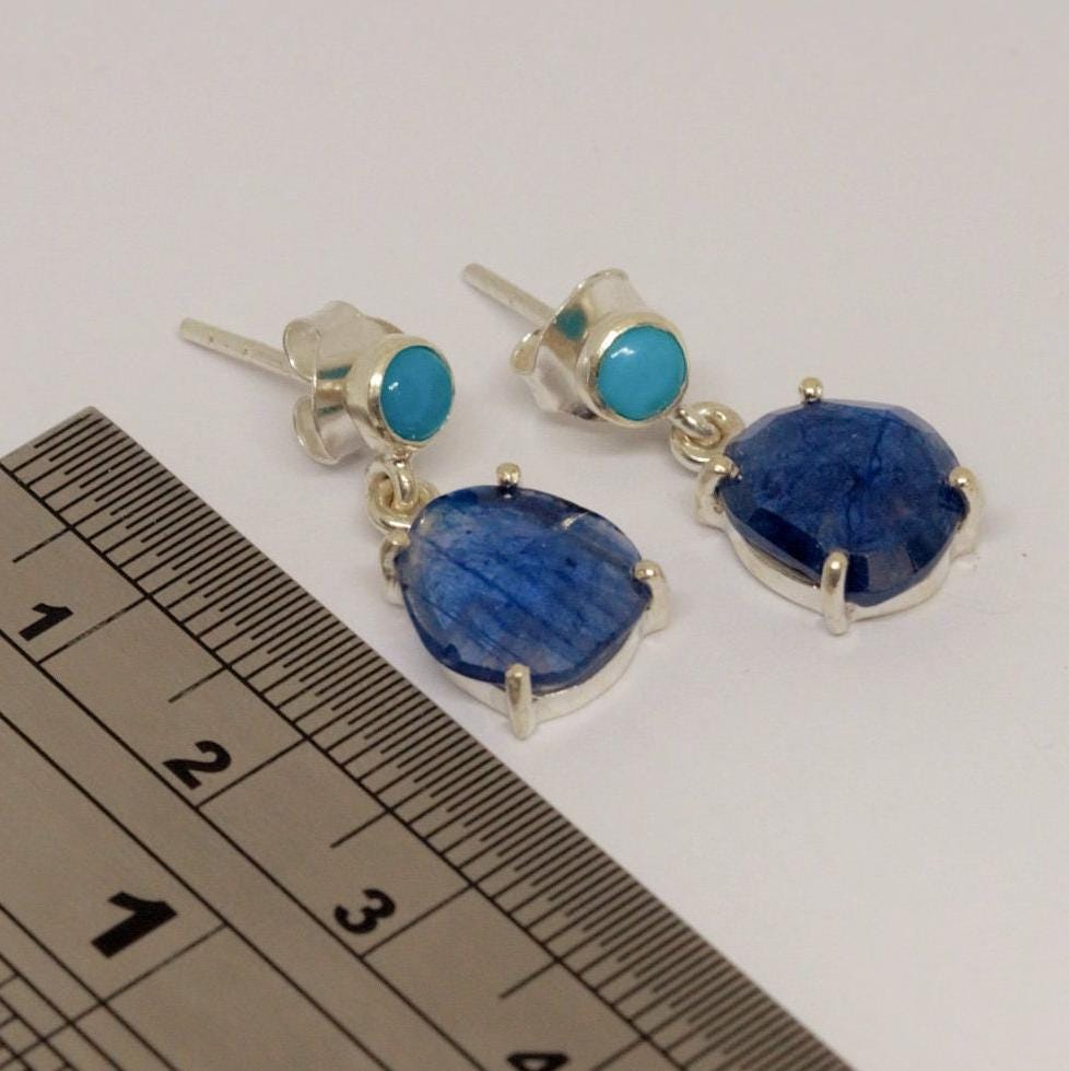 Blue Sapphire, Turquoise Earrings, Sterling Silver Teardrop Earrings, September, December Birthstone, Birthday Gift For Her, Cute Gemstone