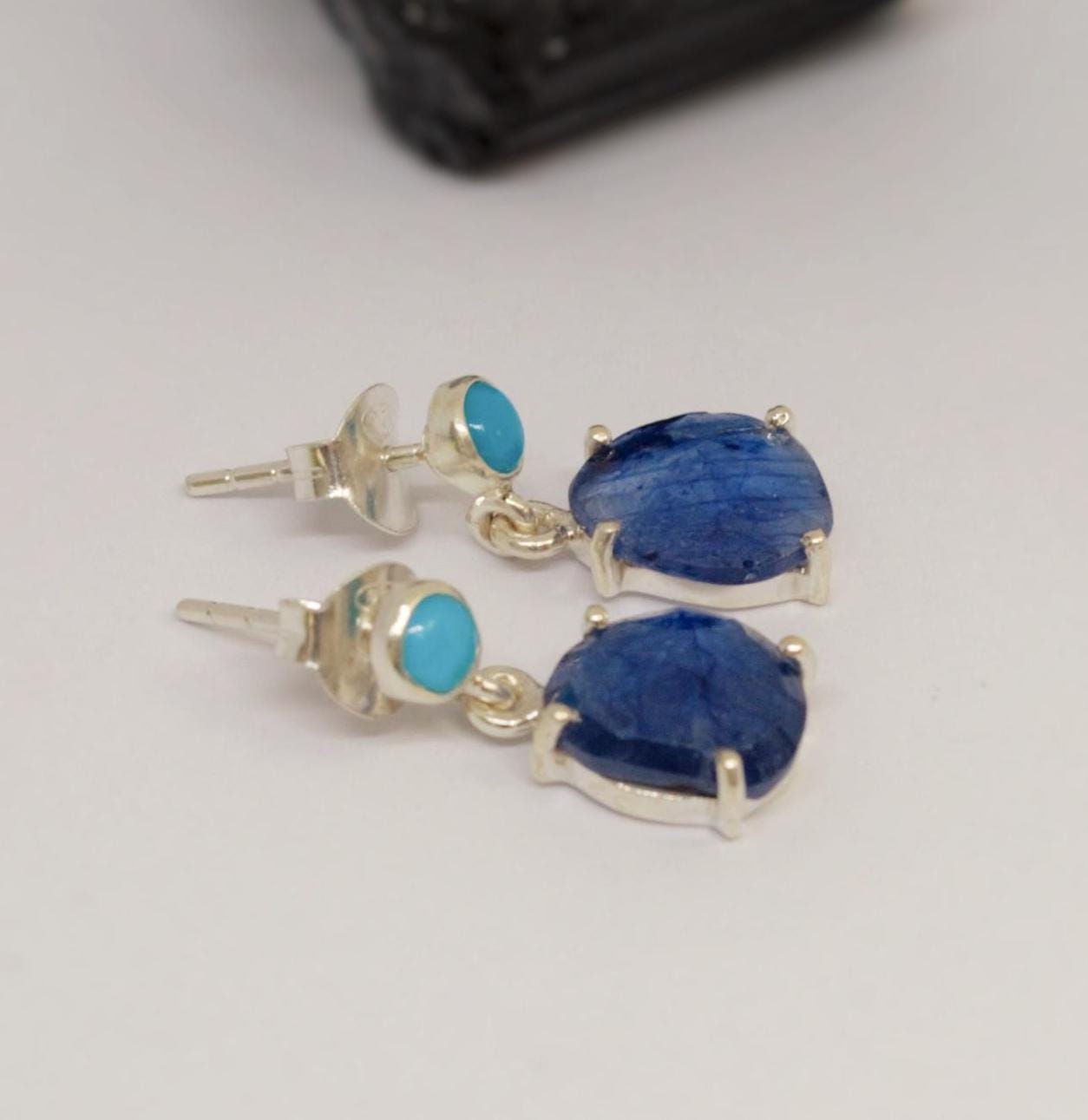 Blue Sapphire, Turquoise Earrings, Sterling Silver Teardrop Earrings, September, December Birthstone, Birthday Gift For Her, Cute Gemstone