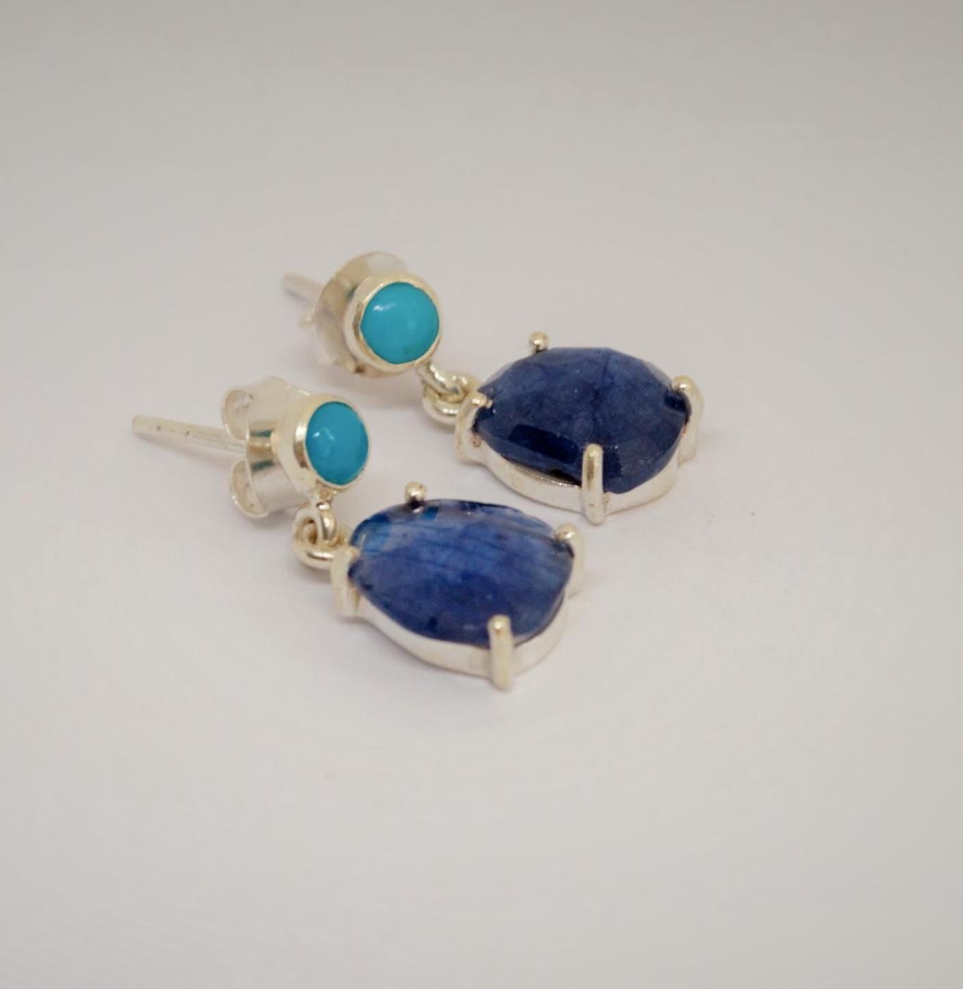 Blue Sapphire, Turquoise Earrings, Sterling Silver Teardrop Earrings, September, December Birthstone, Birthday Gift For Her, Cute Gemstone