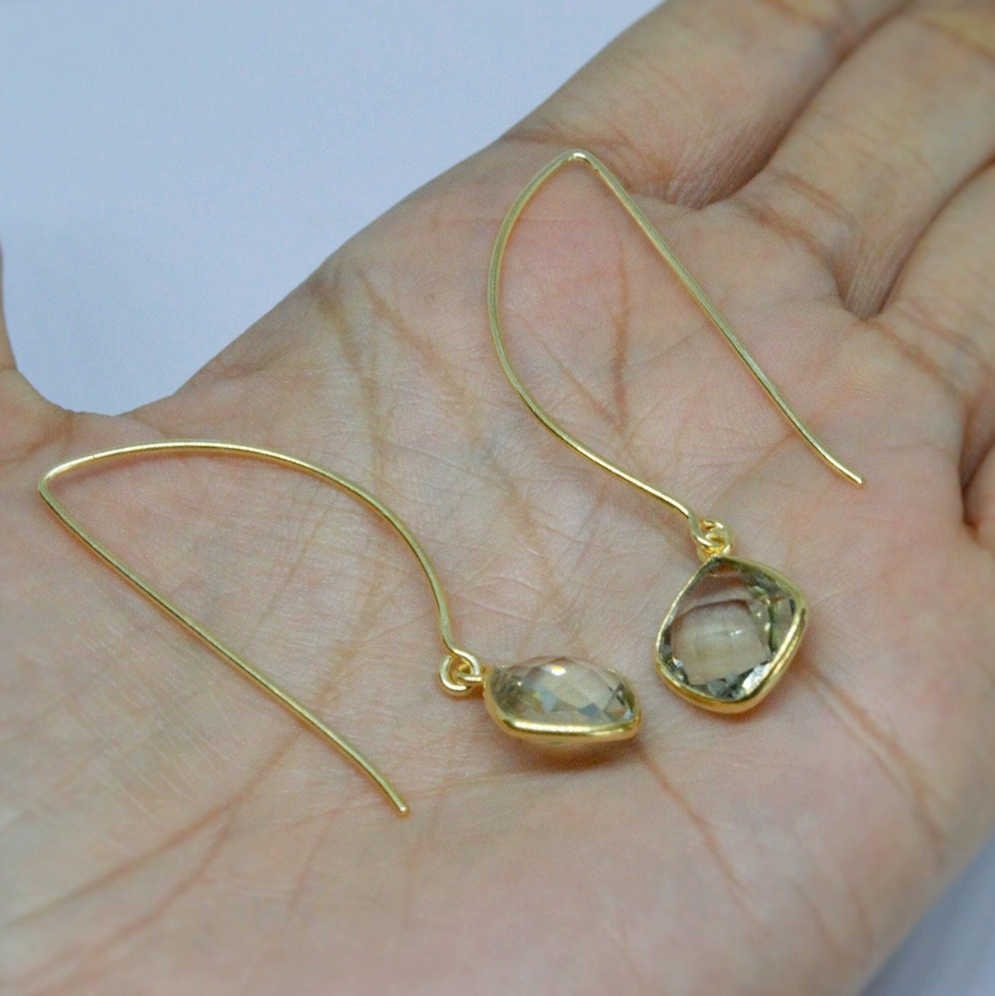 Green Amethyst Gold Dangle Drop Earrings, February Birthstone Sterling Silver Gemstone Earrings, Gifts For Her, Earrings For Women