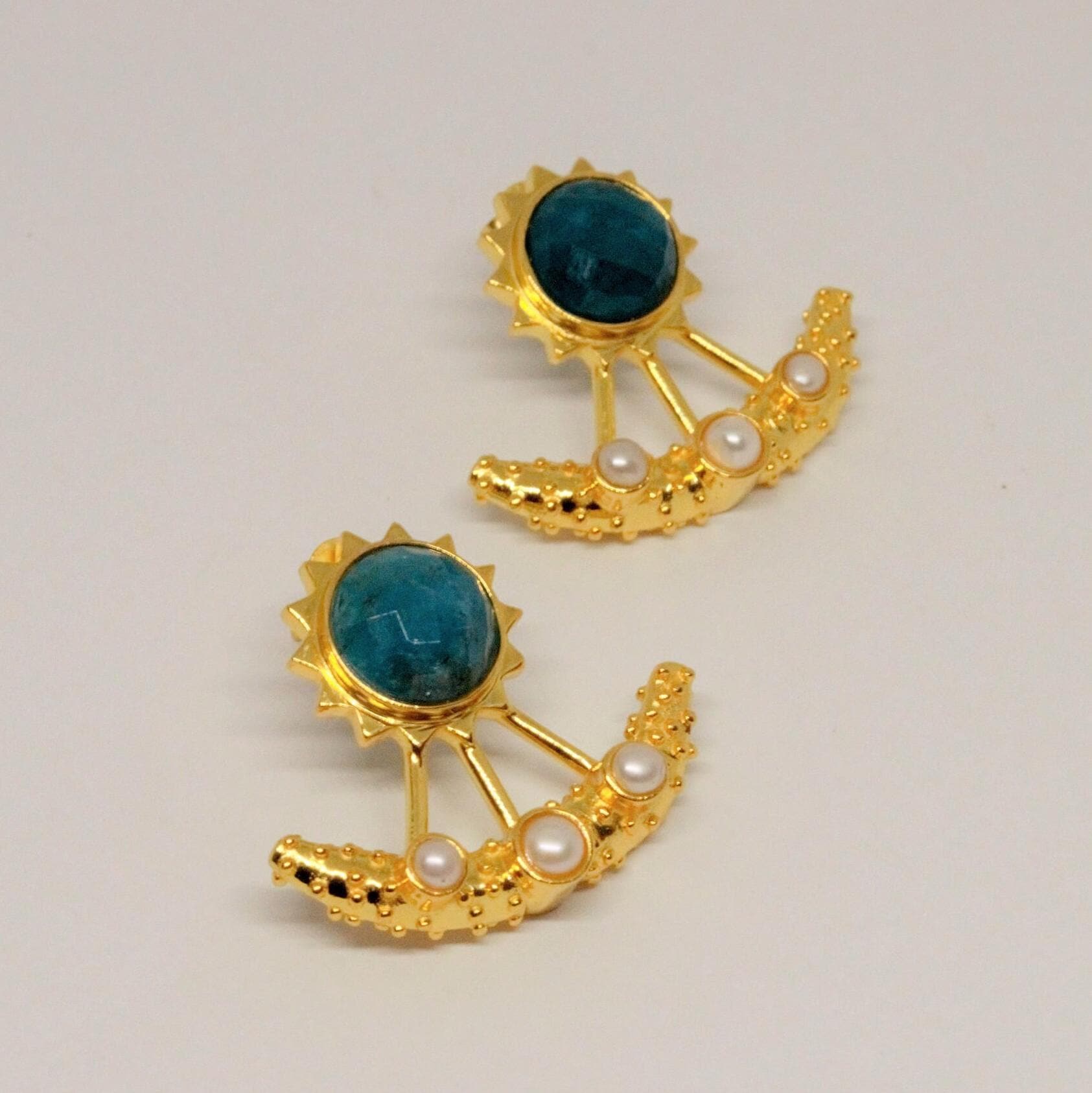 Blue Apatite, Pearl Gold Earrings, June Birthstone Jewelry, Gemstone Dangle Drop Earrings, Bridal Wedding Earrings, Indian Jewelry