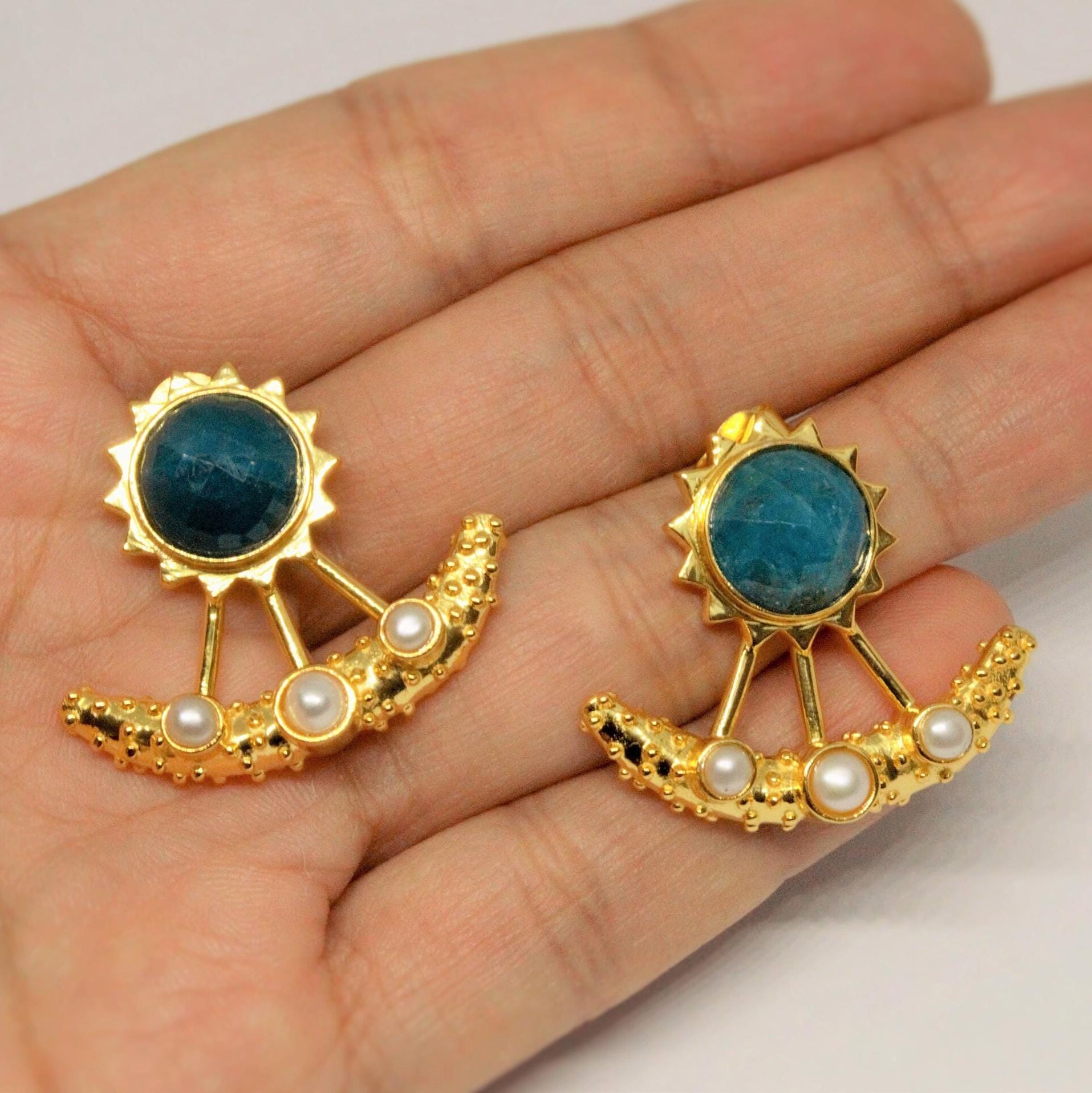 Blue Apatite, Pearl Gold Earrings, June Birthstone Jewelry, Gemstone Dangle Drop Earrings, Bridal Wedding Earrings, Indian Jewelry