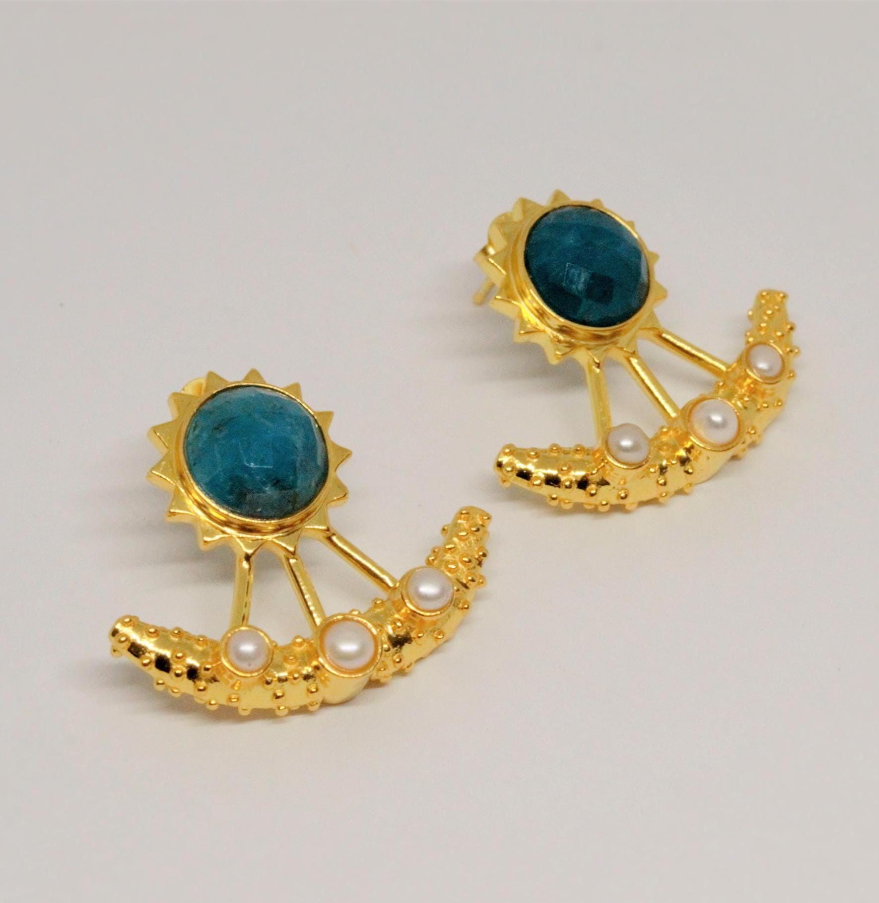 Blue Apatite, Pearl Gold Earrings, June Birthstone Jewelry, Gemstone Dangle Drop Earrings, Bridal Wedding Earrings, Indian Jewelry