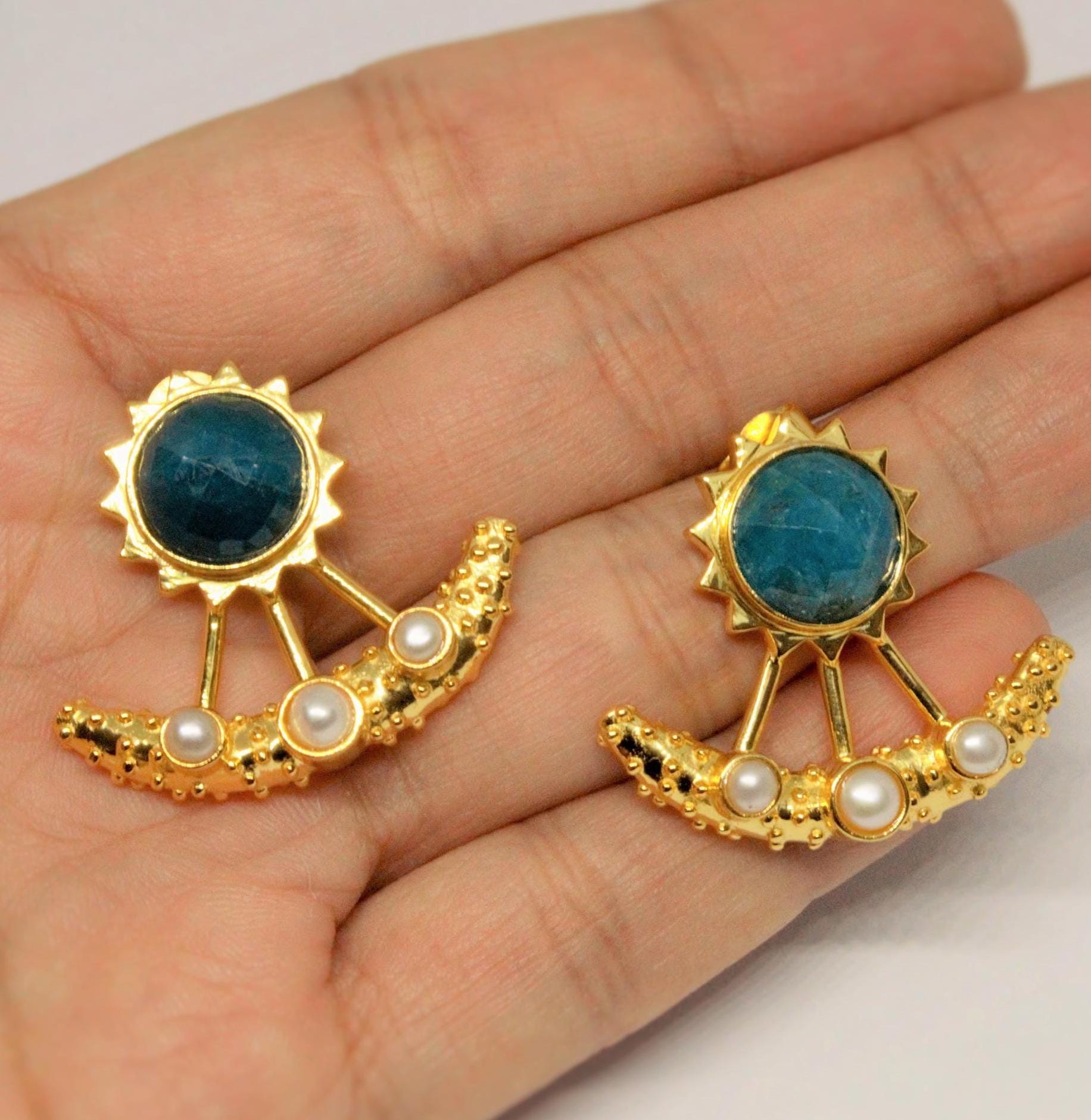 Blue Apatite, Pearl Gold Earrings, June Birthstone Jewelry, Gemstone Dangle Drop Earrings, Bridal Wedding Earrings, Indian Jewelry