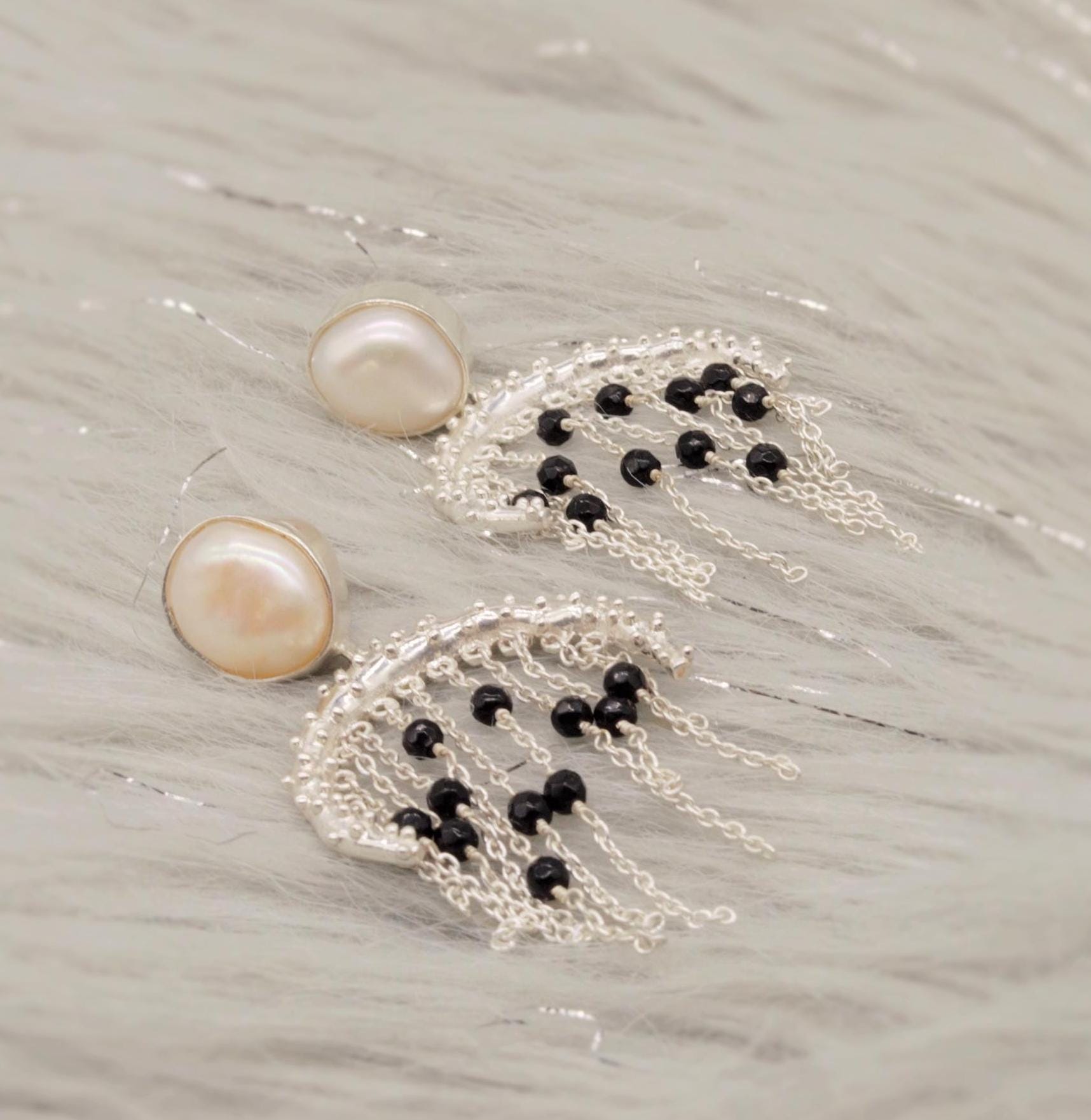 Black Onyx and Pearl Silver Earrings, June Birthstone, Unique Handmade Gemstone Dangle Beaded Earrings, Chandelier Jhumka Earrings