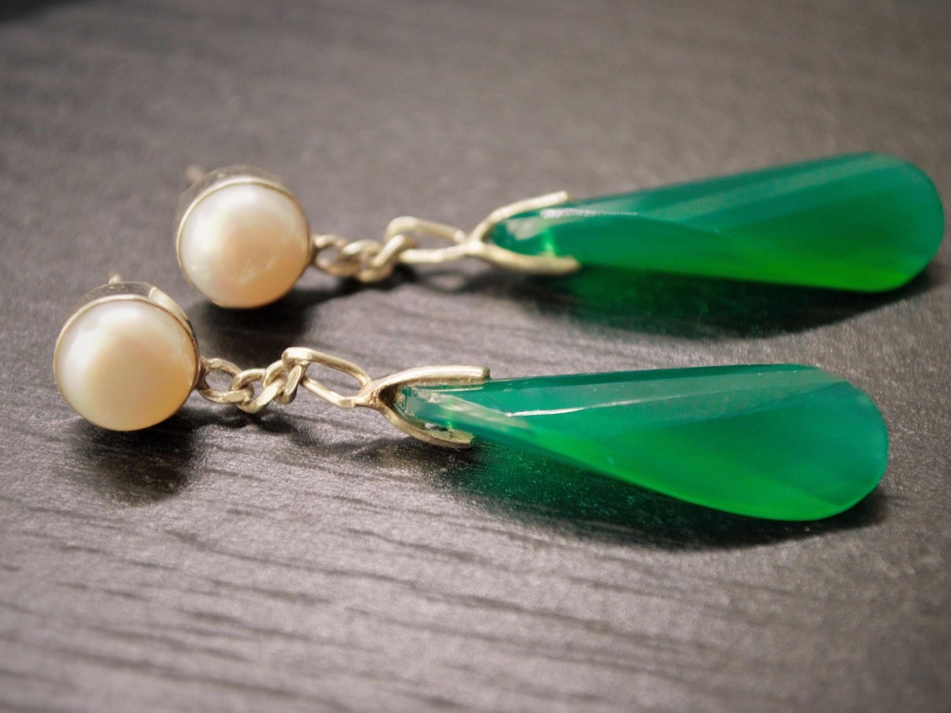 Green Onyx, Pearl Vintage Earrings, Sterling Silver Gemstone Earrings, June Birthstone Jewelry, Birthday Gifts For Her, Bridesmaid gifts