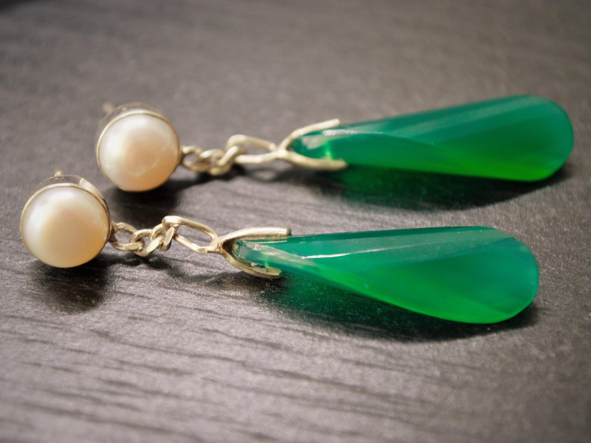 Green Onyx, Pearl Vintage Earrings, Sterling Silver Gemstone Earrings, June Birthstone Jewelry, Birthday Gifts For Her, Bridesmaid gifts