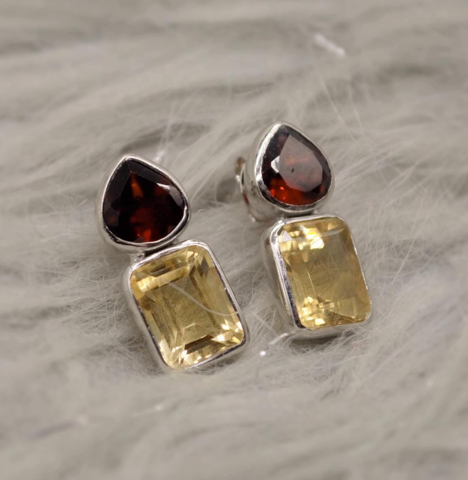 Garnet Citrine Silver Stud Earrings, Unique 925 Sterling Silver Earrings, January, November Birthstone, Birthday Gifts For Her, Valentine