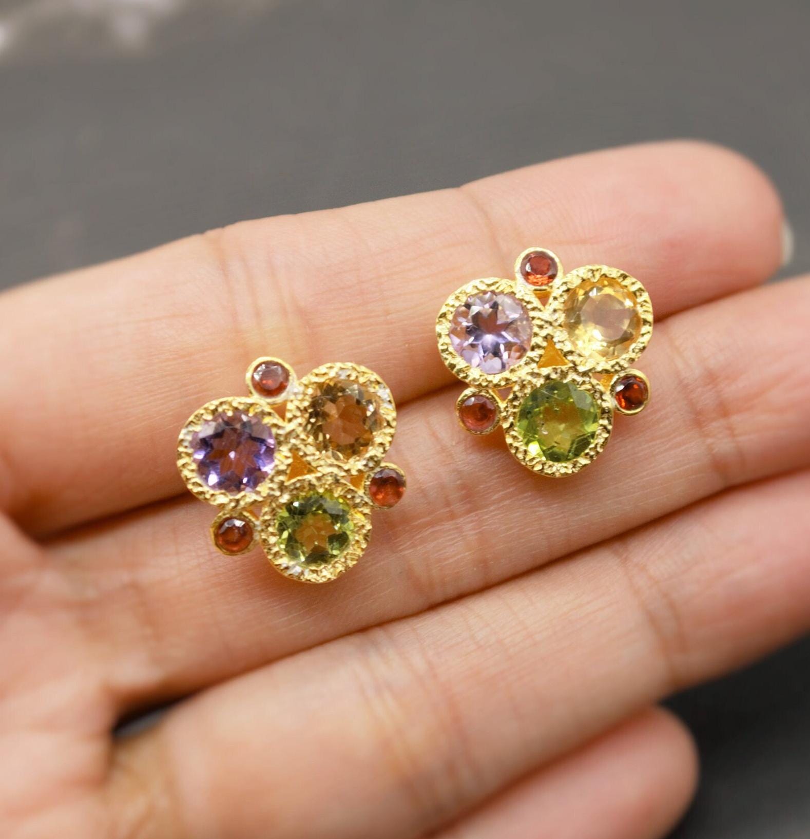 Citrine, Peridot, Amethyst, Garnet Silver Stud Earrings