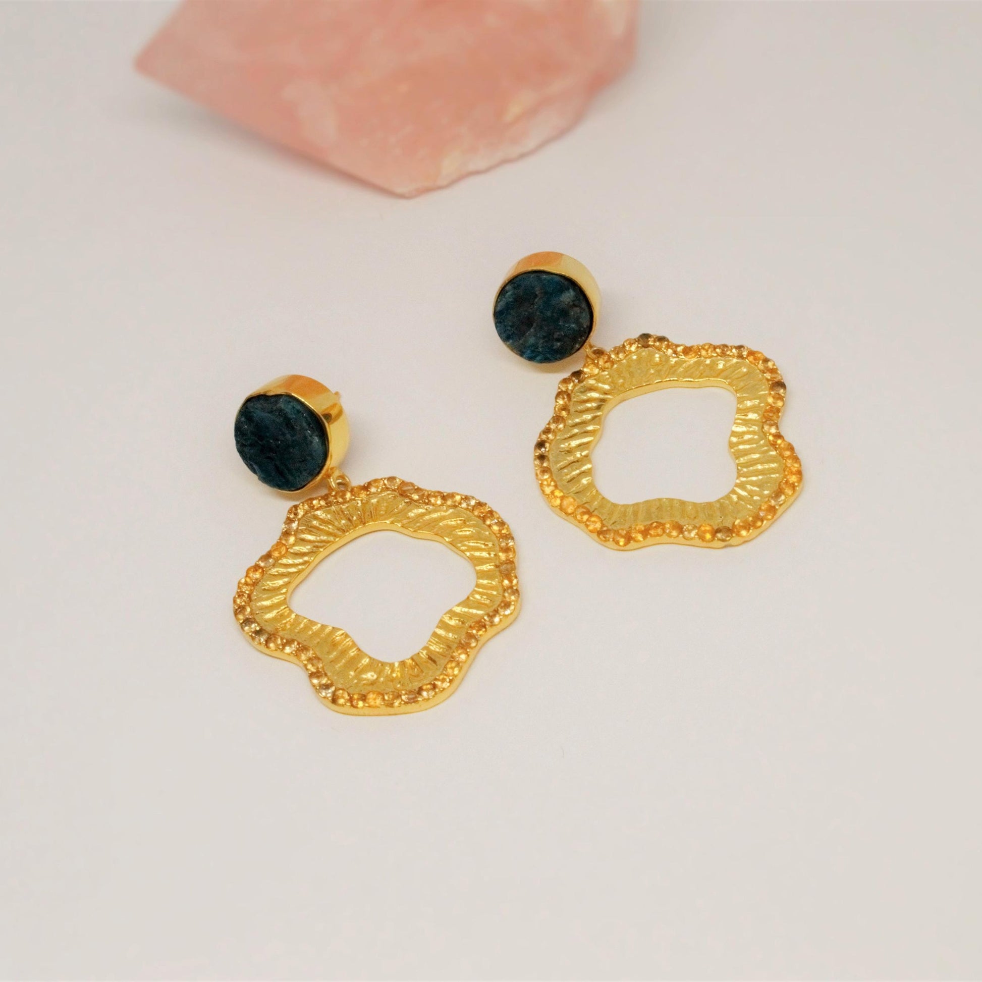 Blue Apatite, Citrine Gold Earrings, Unique November Birthstone, Handmade Statement Earrings, Bridesmaid Gift for her, Indian Jewelry