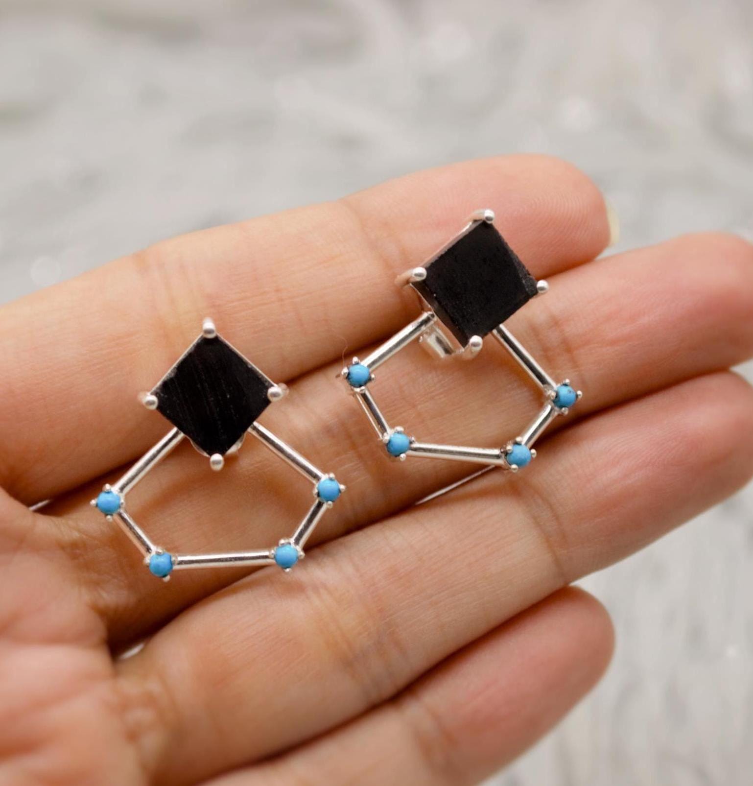 Raw Black Onyx Earrings, Turquoise Sterling Silver Earrings, Statement Unique Drop Earrings, December Birthstone Earrings