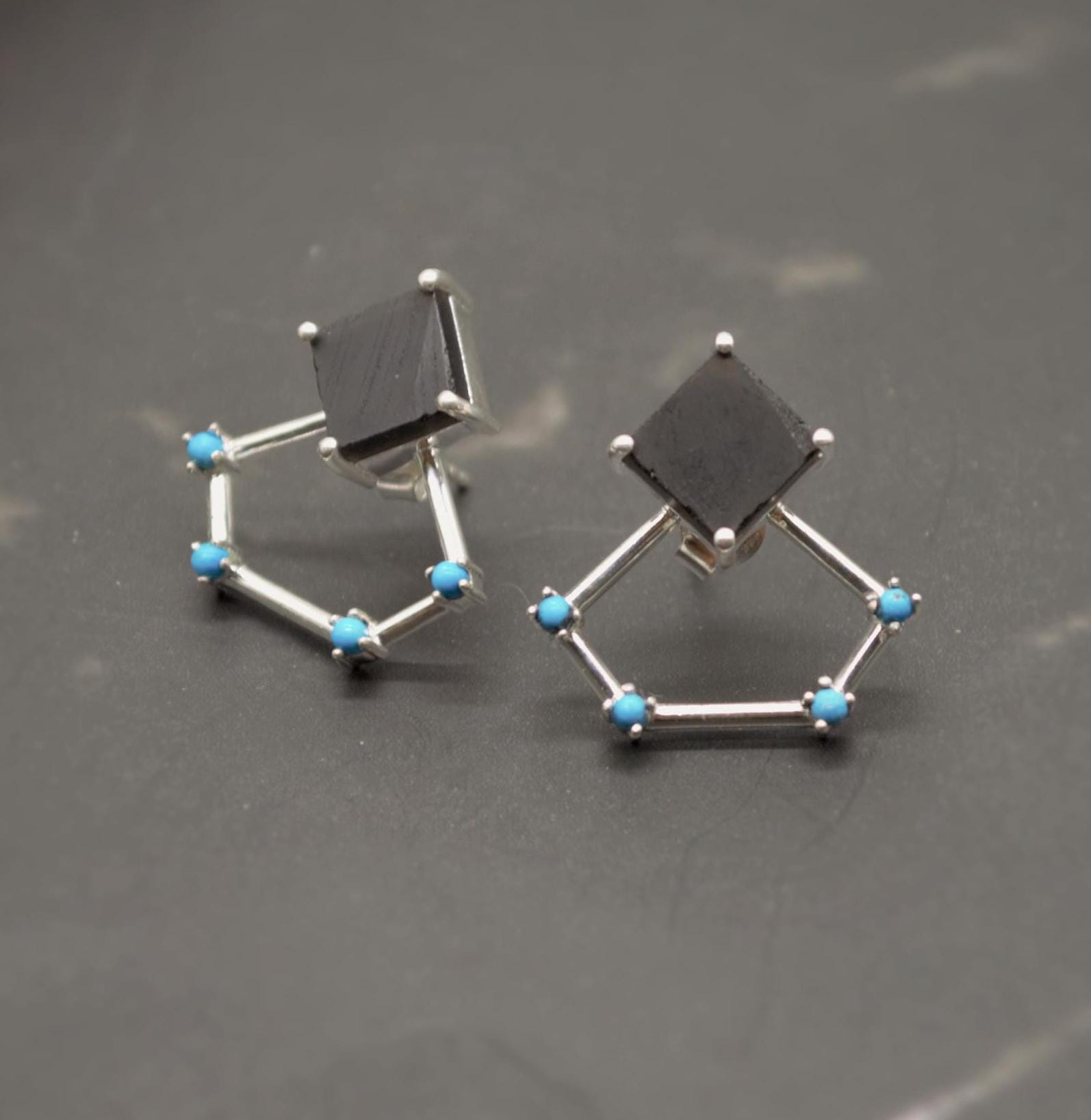 Raw Black Onyx Earrings, Turquoise Sterling Silver Earrings, Statement Unique Drop Earrings, December Birthstone Earrings
