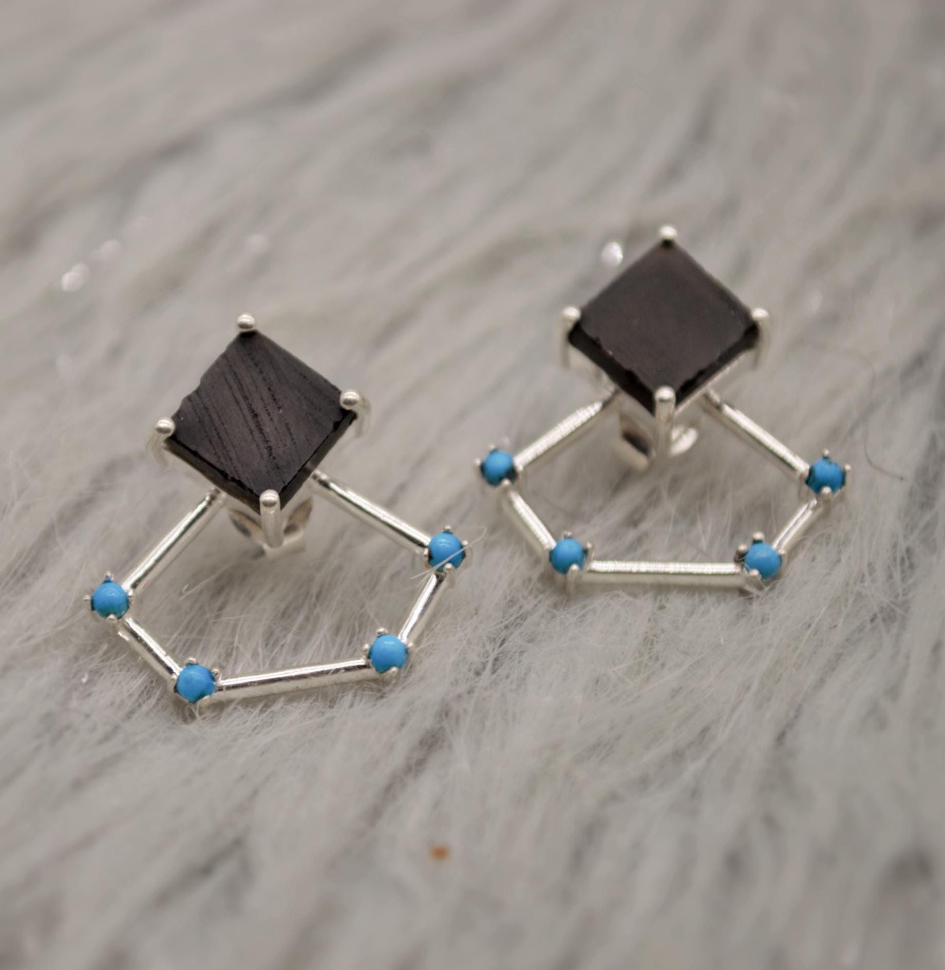 Raw Black Onyx Earrings, Turquoise Sterling Silver Earrings, Statement Unique Drop Earrings, December Birthstone Earrings