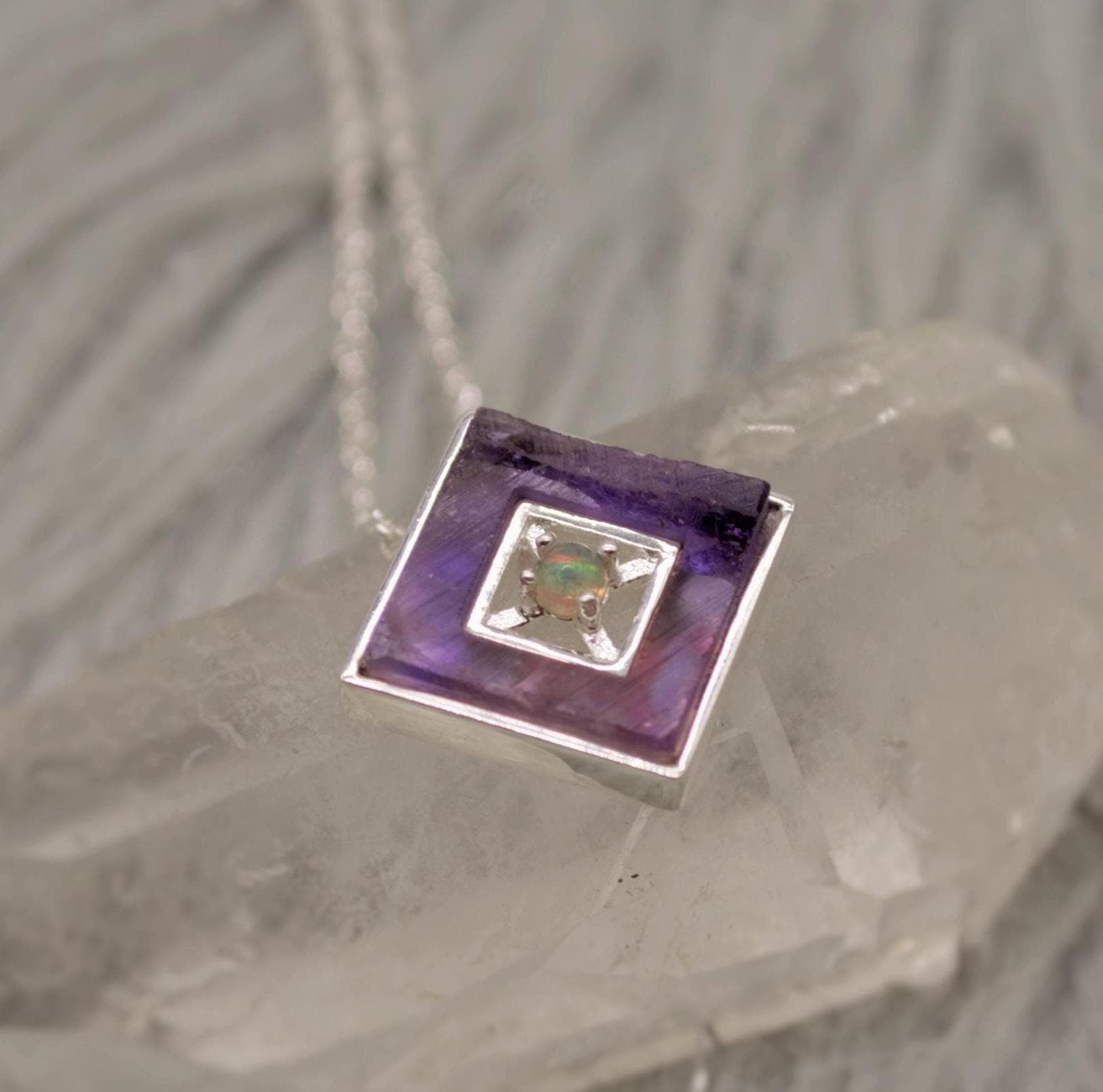 Opal Pendant Necklace With Amethyst Or Rose Quartz, Sterling Silver Chain Necklace, January, February Birthstone, Gemstone Necklace Gift