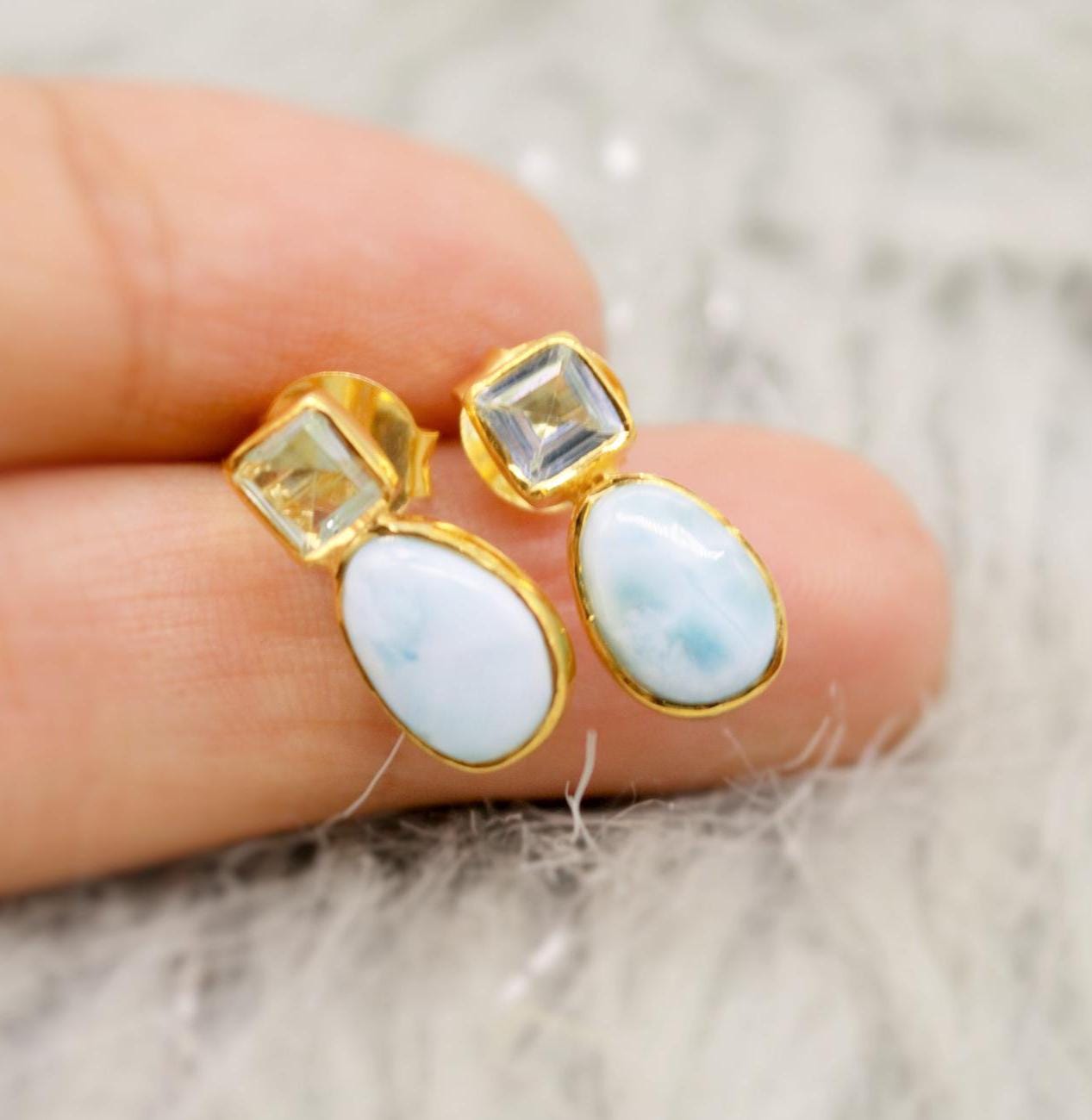 Larimar Blue Topaz Gold Stud Earrings, Larimar Stone, Larimar Gemstone, Blue Topaz Studs, Larimar Earrings, December Birthstone