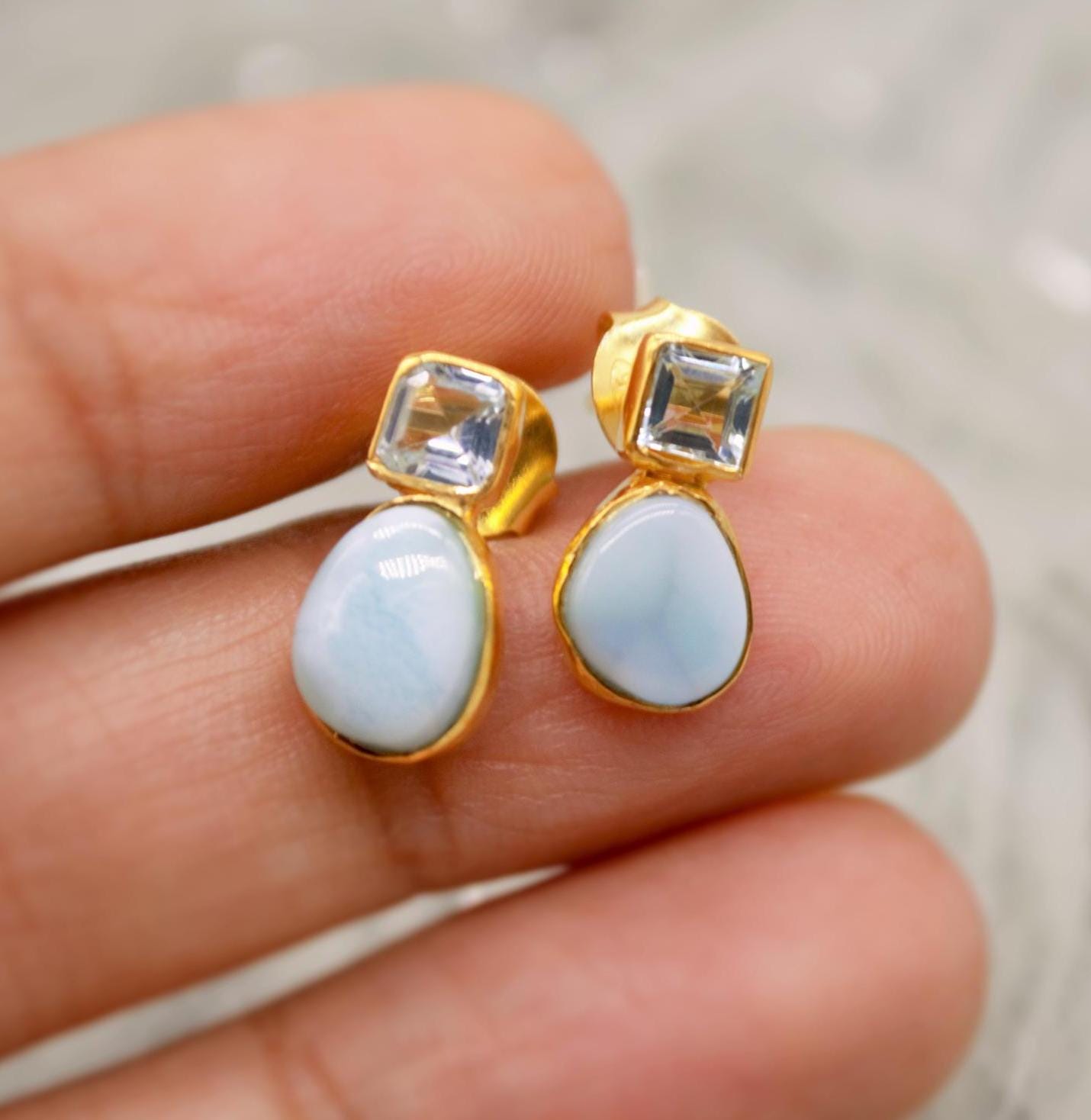 Larimar Blue Topaz Gold Stud Earrings, Larimar Stone, Larimar Gemstone, Blue Topaz Studs, Larimar Earrings, December Birthstone