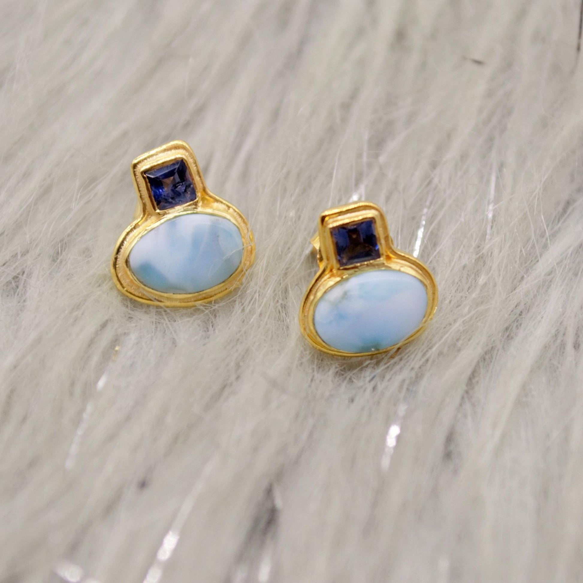 Larimar Earrings, Iolite and Larimar Gemstone, Gold Plated Sterling silver, Dainty Studs Earrings, Handmade Birthday Gift For Her