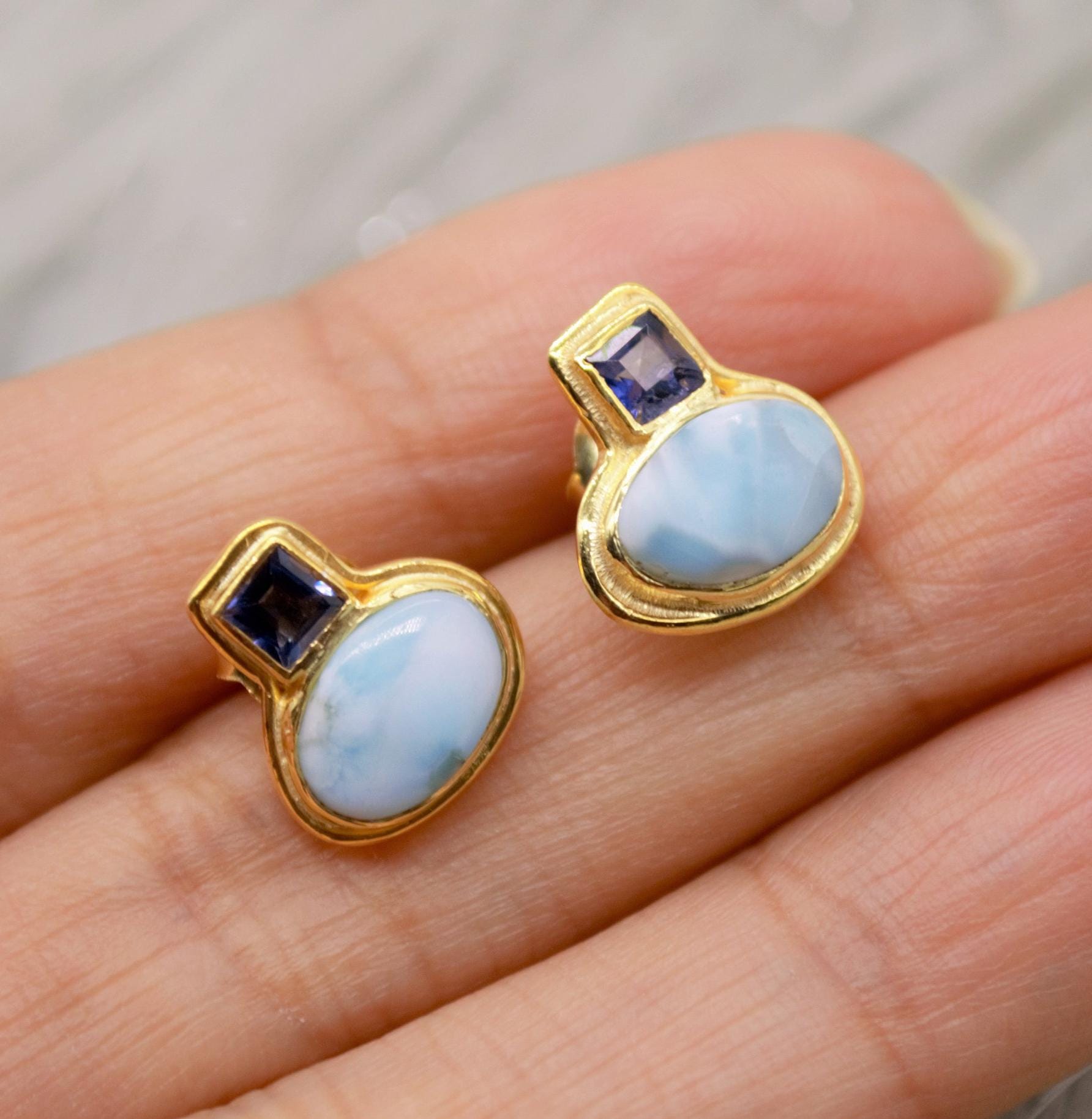 Larimar Earrings, Iolite and Larimar Gemstone, Gold Plated Sterling silver, Dainty Studs Earrings, Handmade Birthday Gift For Her