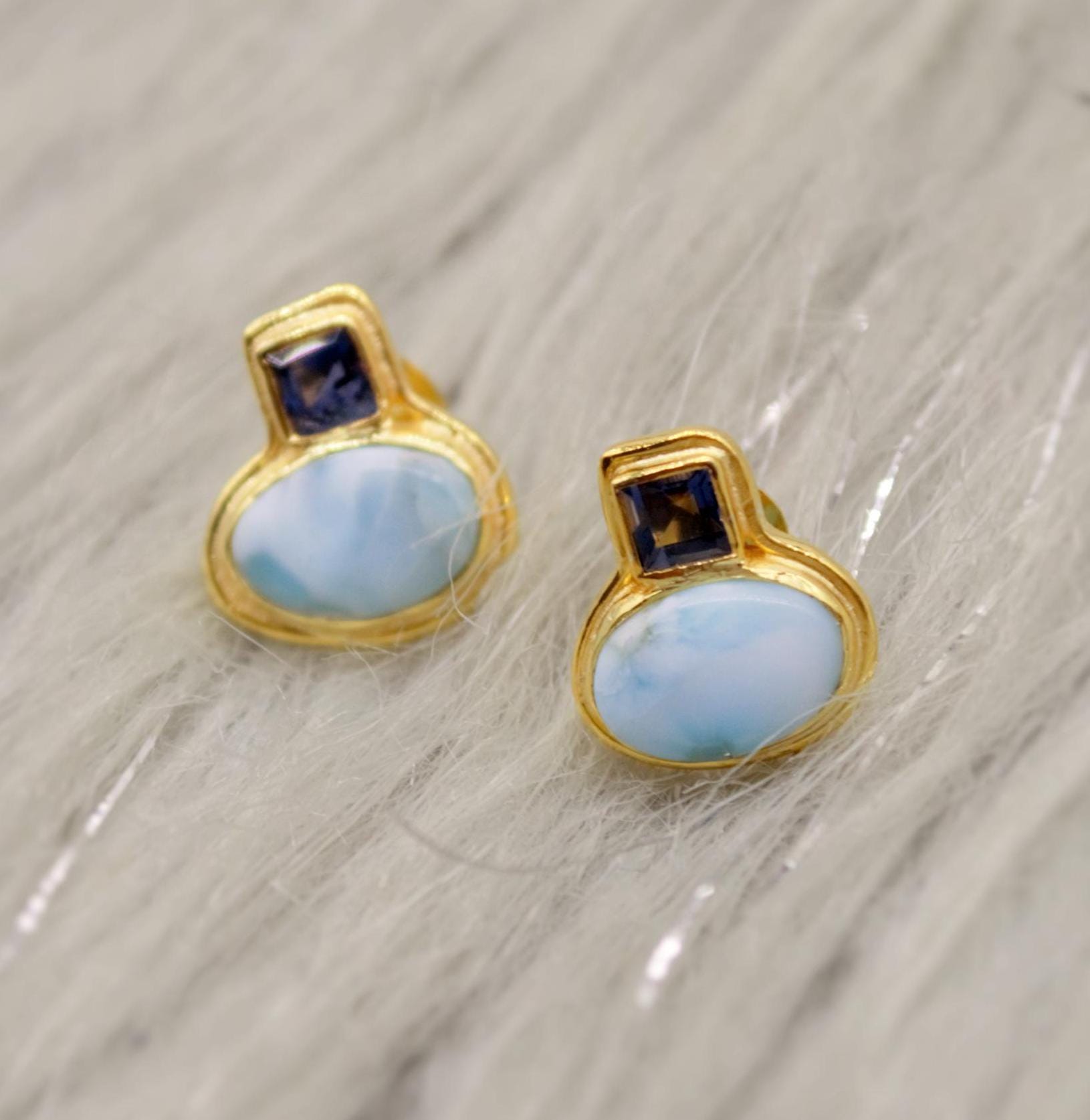 Larimar Earrings, Iolite and Larimar Gemstone, Gold Plated Sterling silver, Dainty Studs Earrings, Handmade Birthday Gift For Her